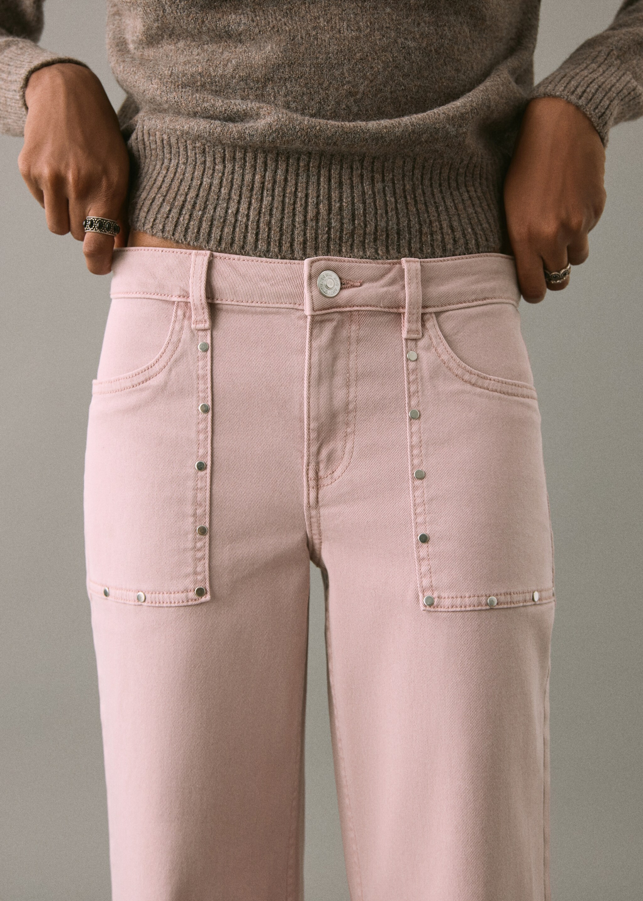 Studded culotte jeans - Details of the article 1, Pastel Pink. Ref: 17001228-00.