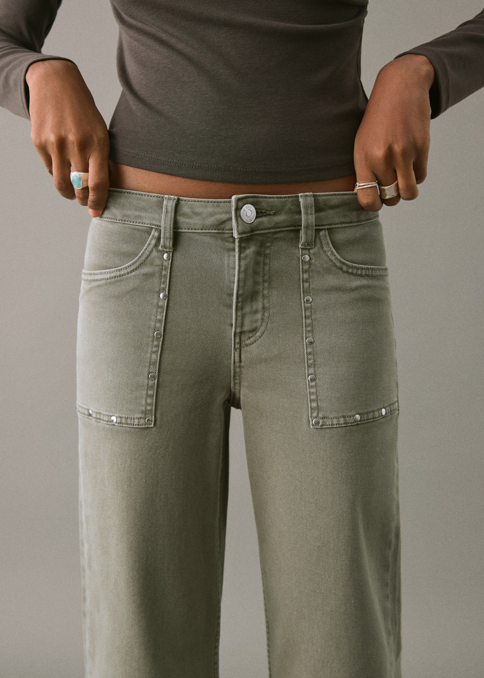 Studded culotte jeans - Details of the article 1, Pastel Green. Ref: 17001229-00.