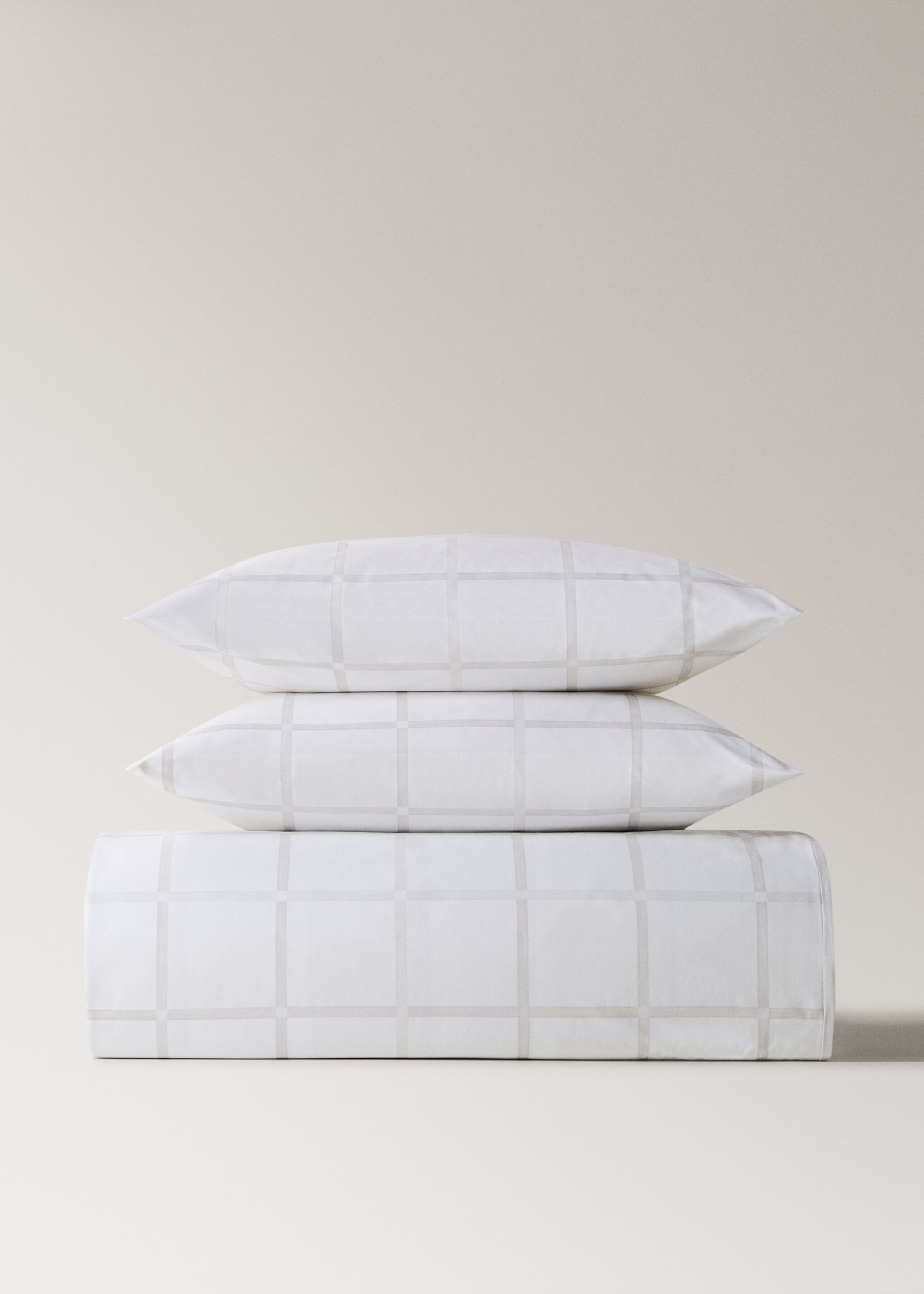 Reversible percale cotton duvet cover with stripe and check print for 150/160 cm bed - Article without model, Beige. Ref: 17001596-00.