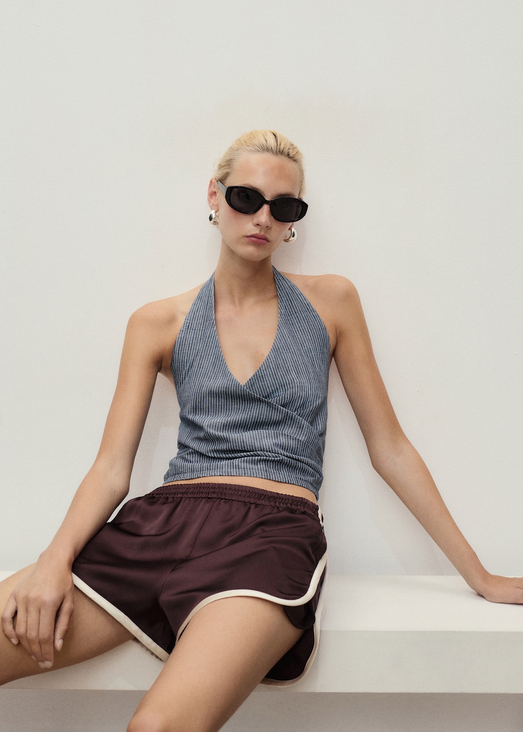 Striped crossover denim top