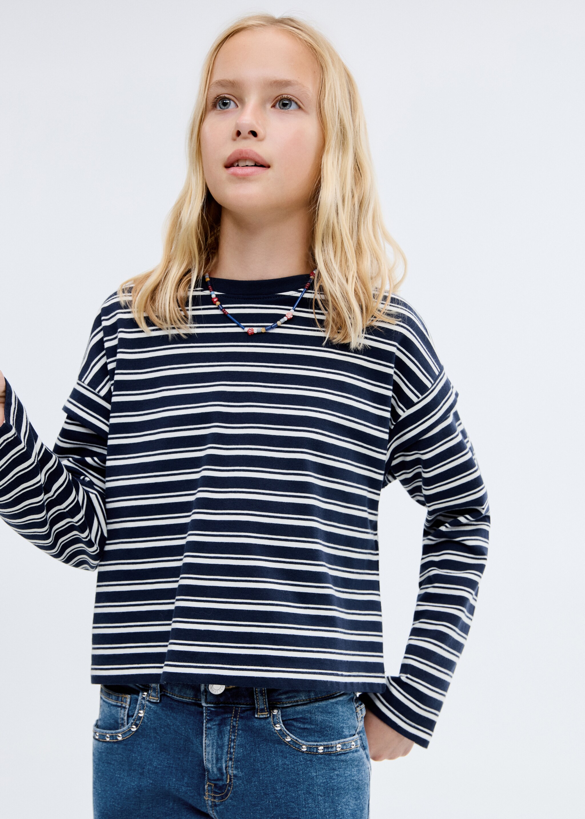 T-shirt lengan panjang dengan motif garis-garis - Tampilan Sedang, Biru laut. Ref: 17004431-00.
