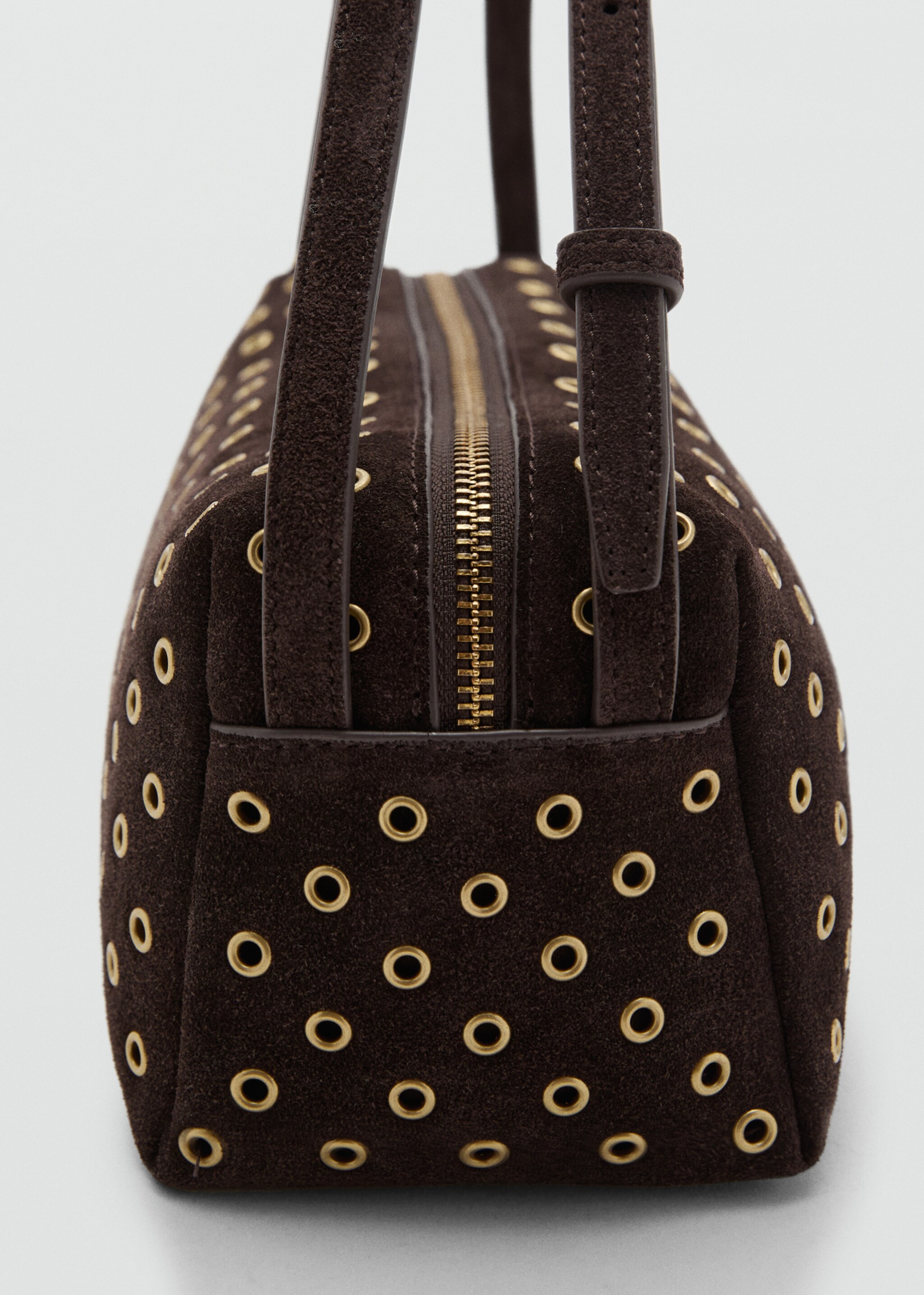 Suede bag with eyelets - Details of the article 1, Chocolate. Ref: 17004445-00.