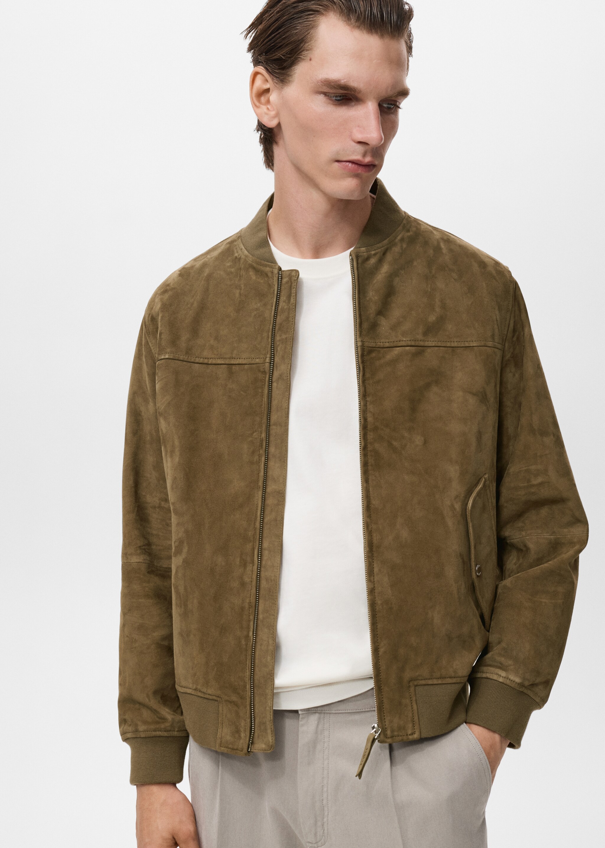 Suede leather bomber jacket - Medium plane, Khaki. Ref: 17005141-00.