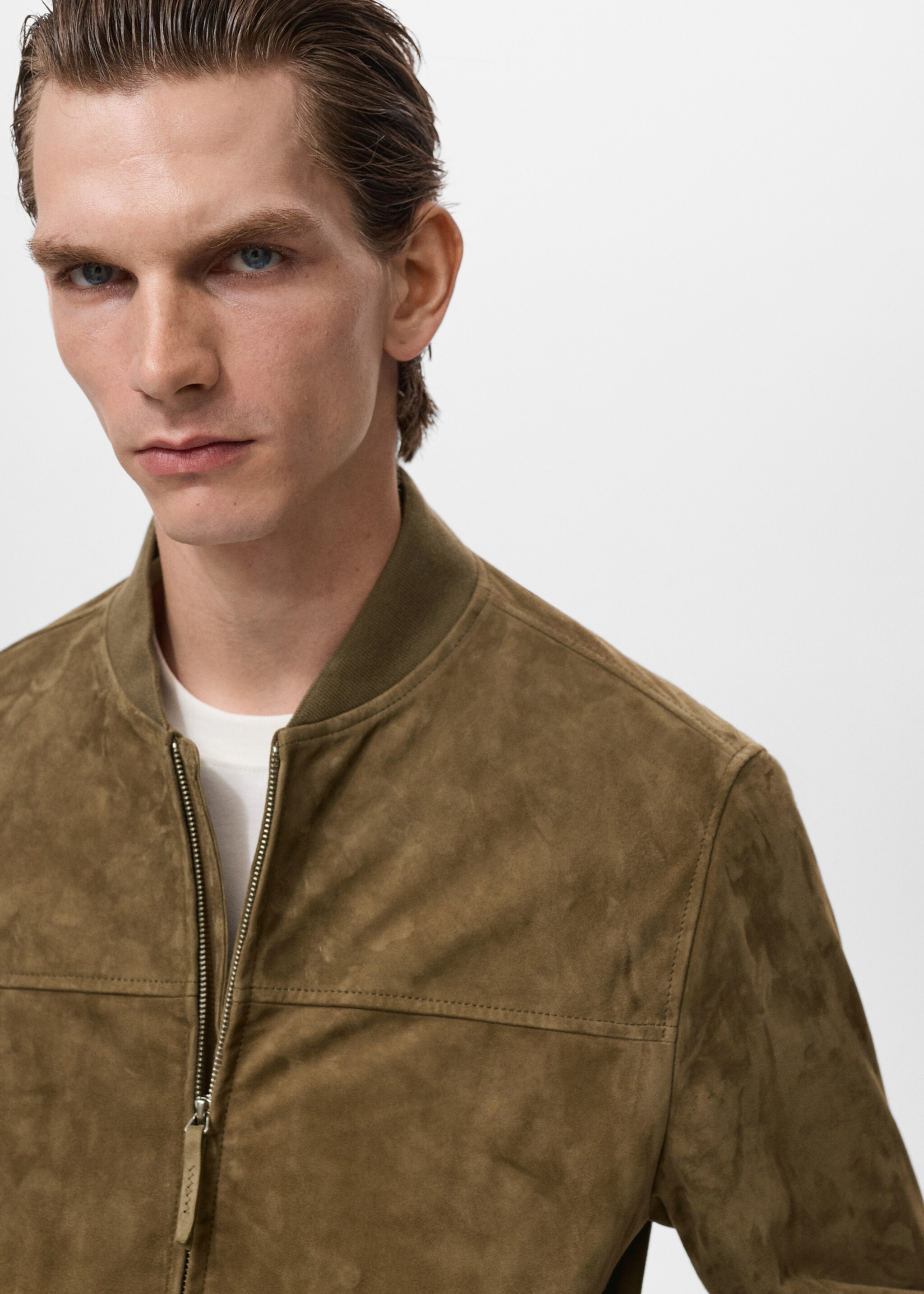 Suede leather bomber jacket - Details of the article 1, Khaki. Ref: 17005141-00.