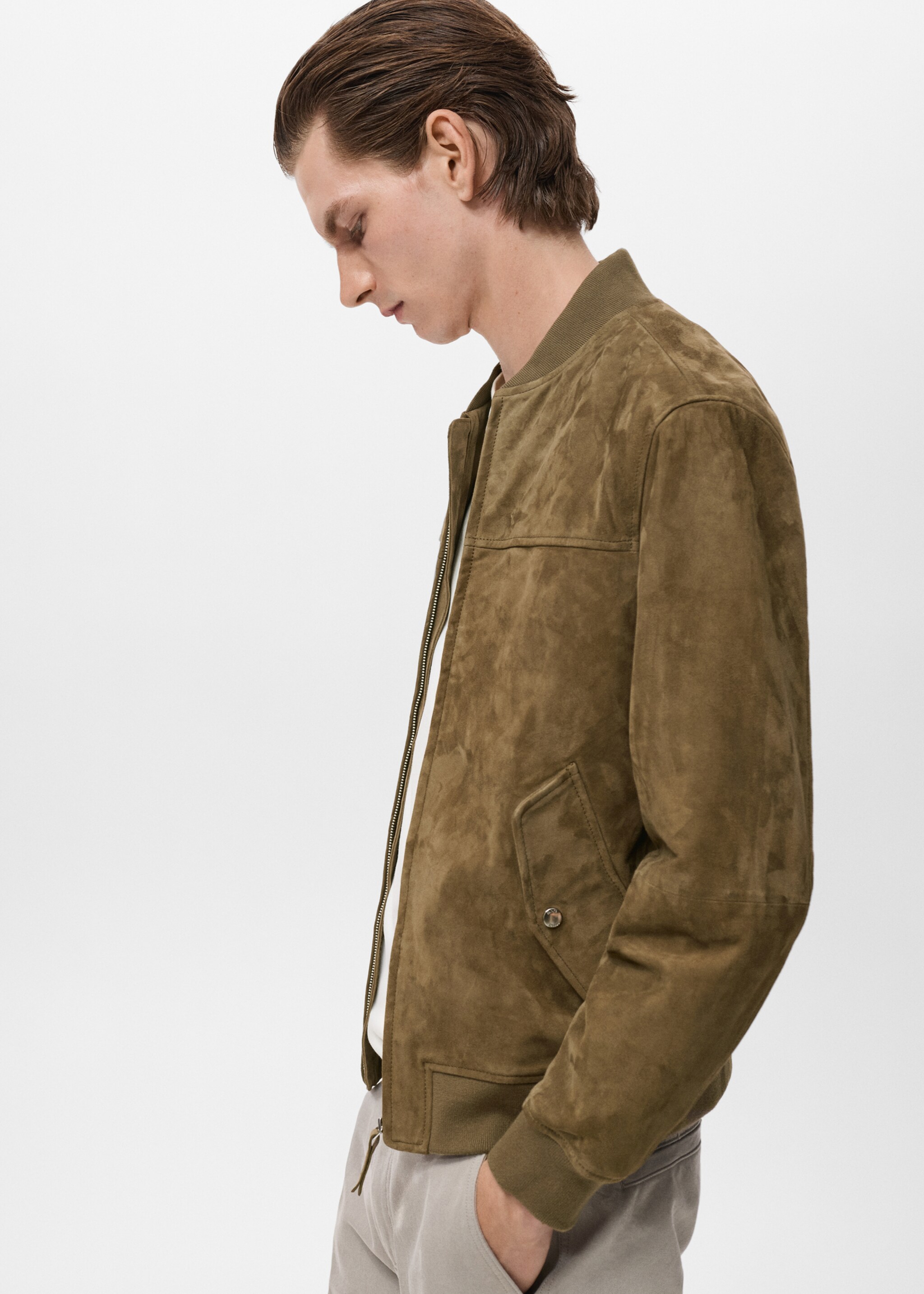 Suede leather bomber jacket - Details of the article 2, Khaki. Ref: 17005141-00.
