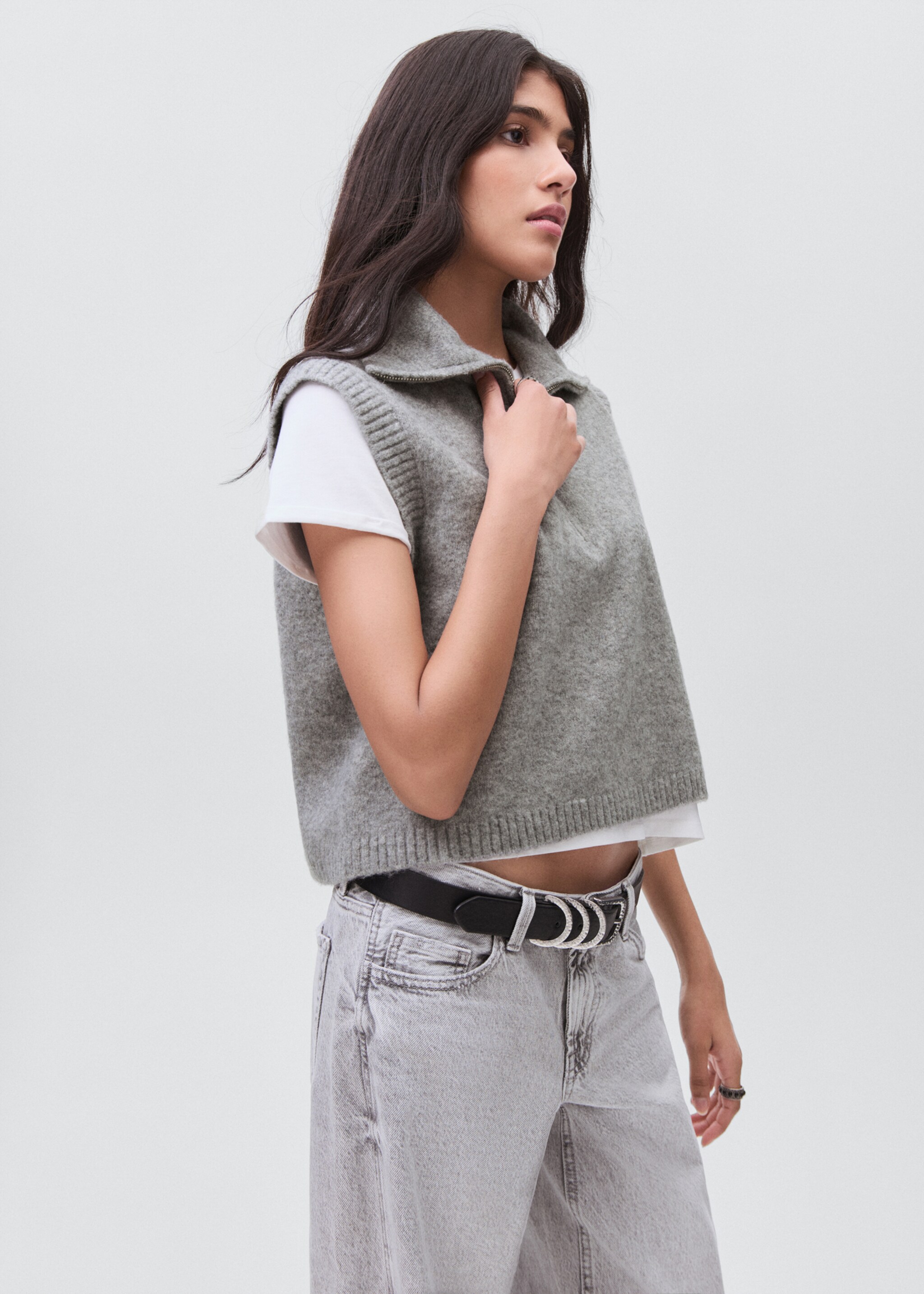 Chaleco punto cuello perkins - Plano medio, Gris medio vigoré. Ref: 17005802-00.
