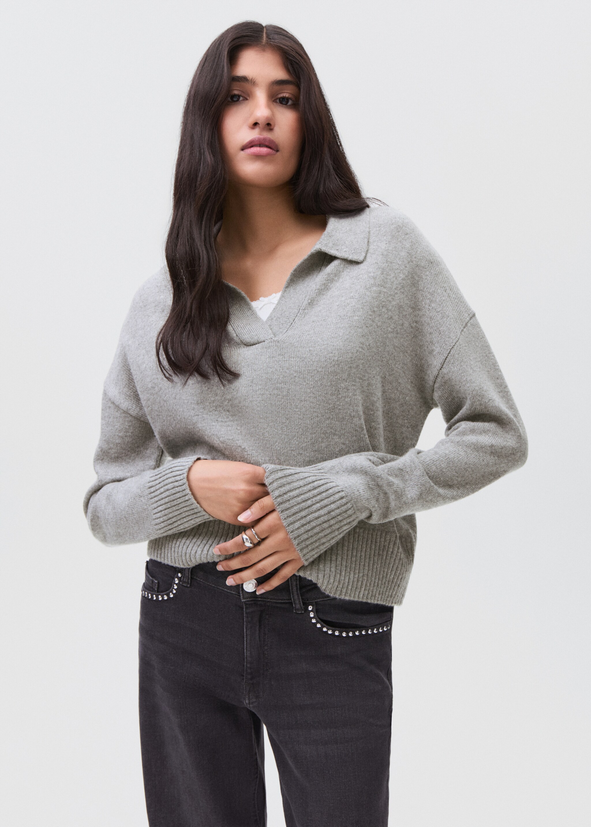 Wool polo sweater - Medium plane, Light Heather Grey. Ref: 17005803-00.