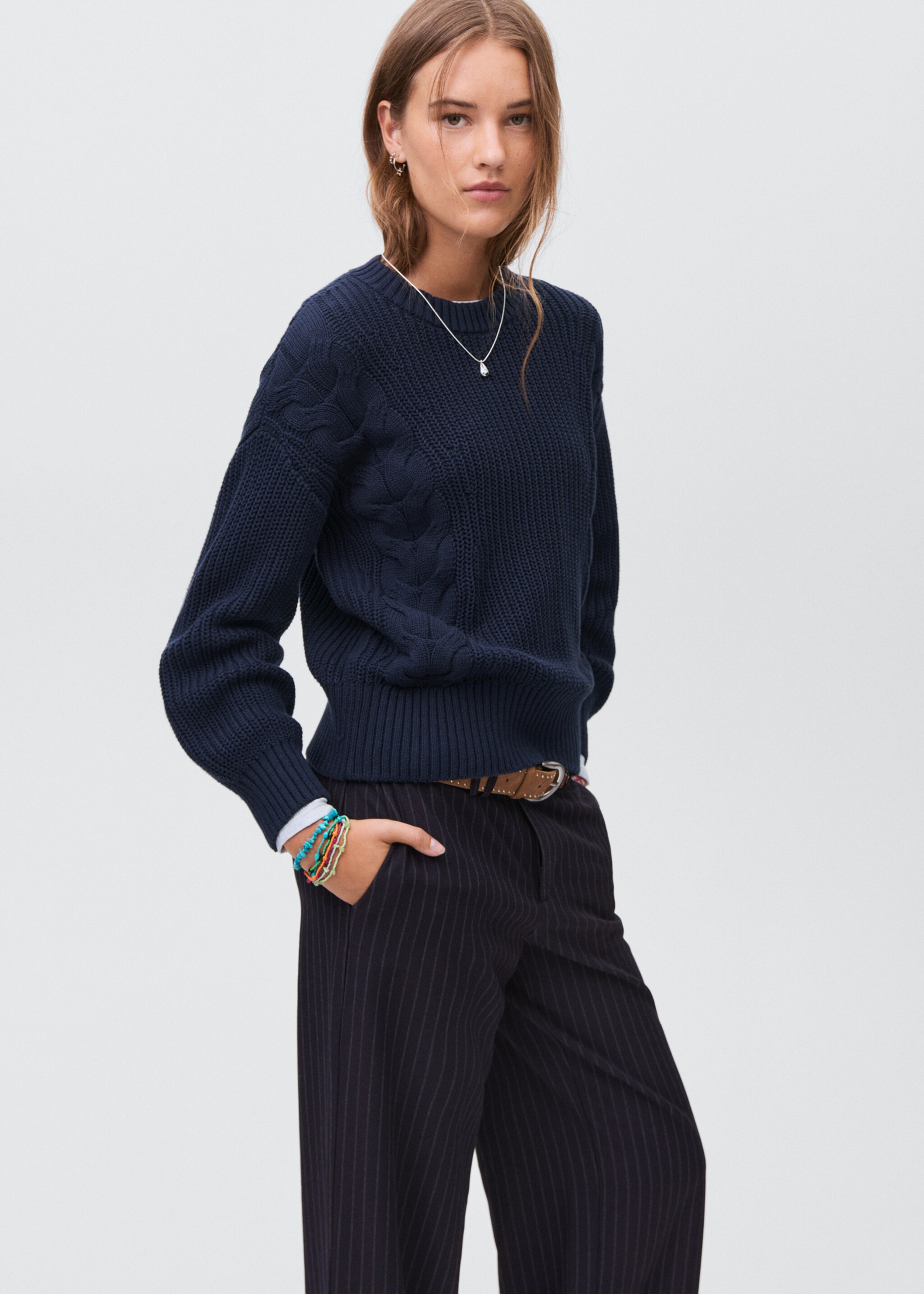 Braided knitted sweater - Medium plane, Navy. Ref: 17005808-00.