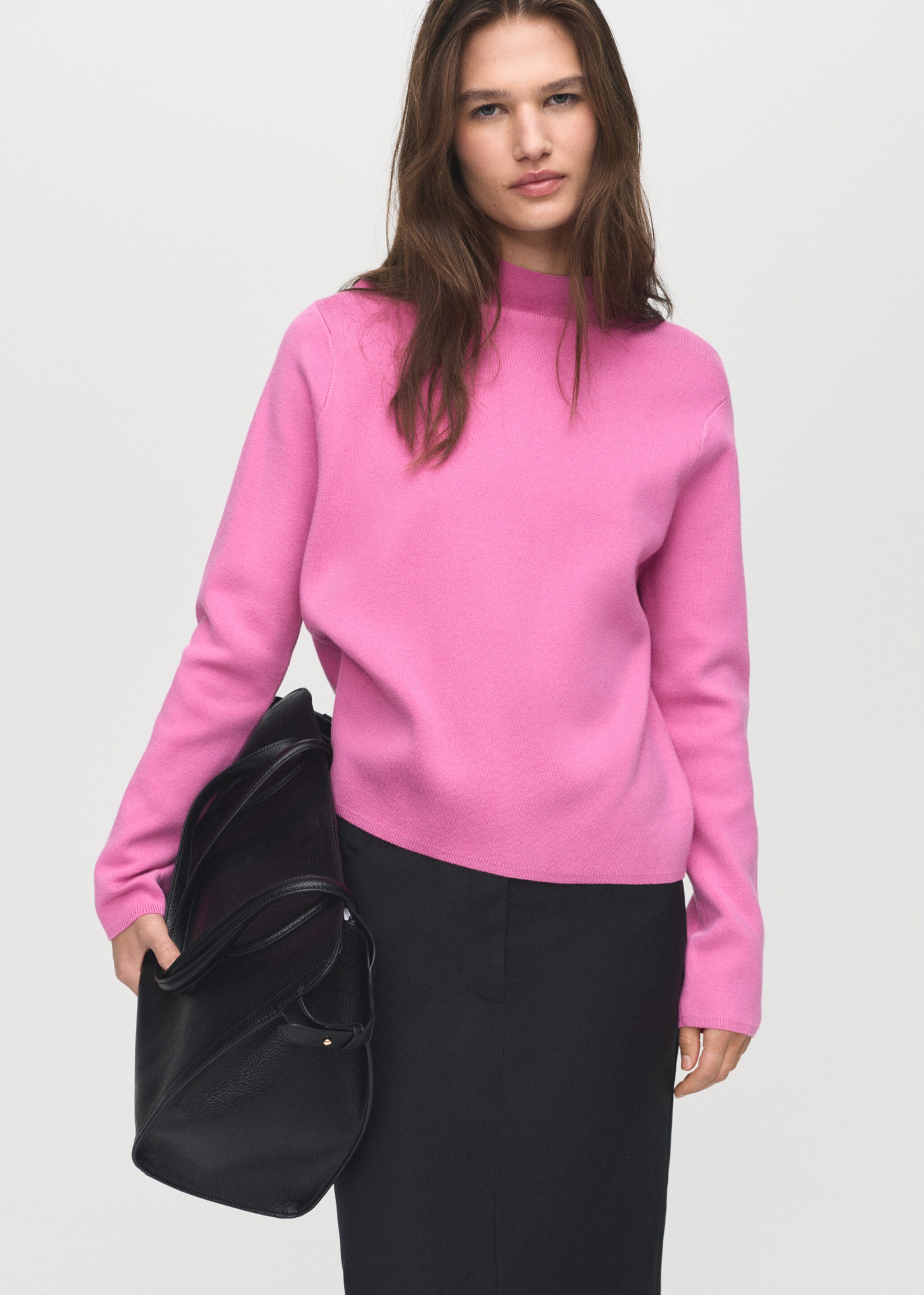 Knitted sweater with perkins neck - Medium plane, Fuchsia. Ref: 17005811-00.