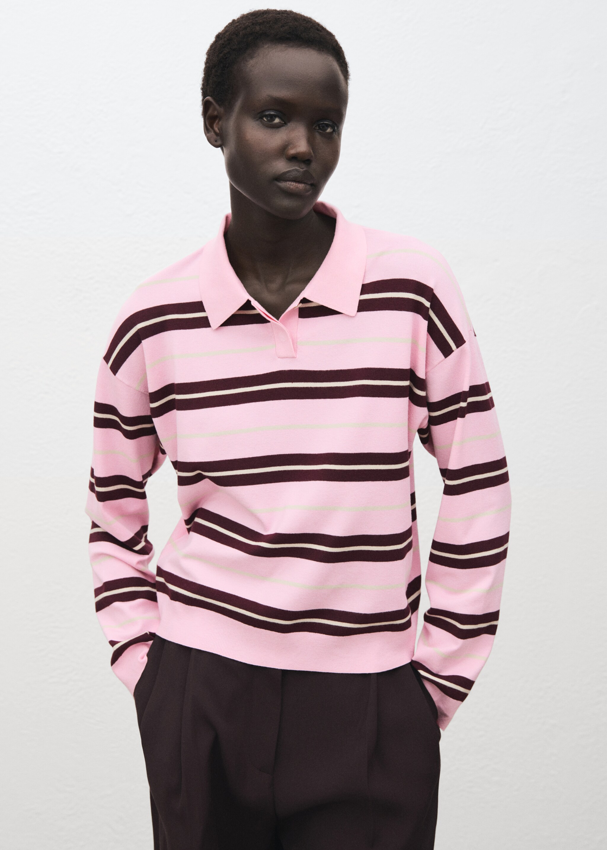 Striped polo-neck sweater - Medium plane, Pink. Ref: 17005814-00.