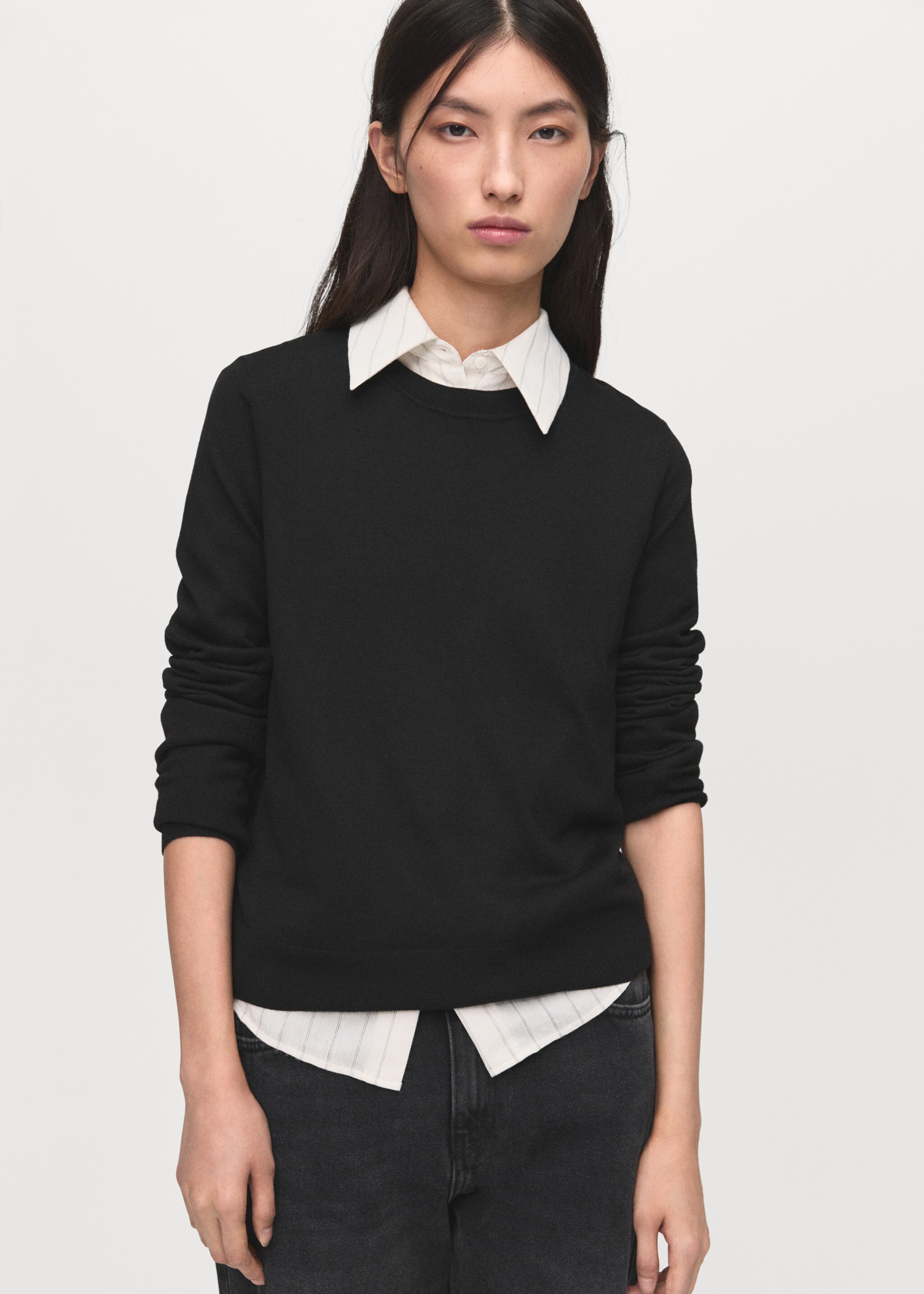Pull-over maille fine col rond - Plan moyen, Noir. Ref: 17005817-00.
