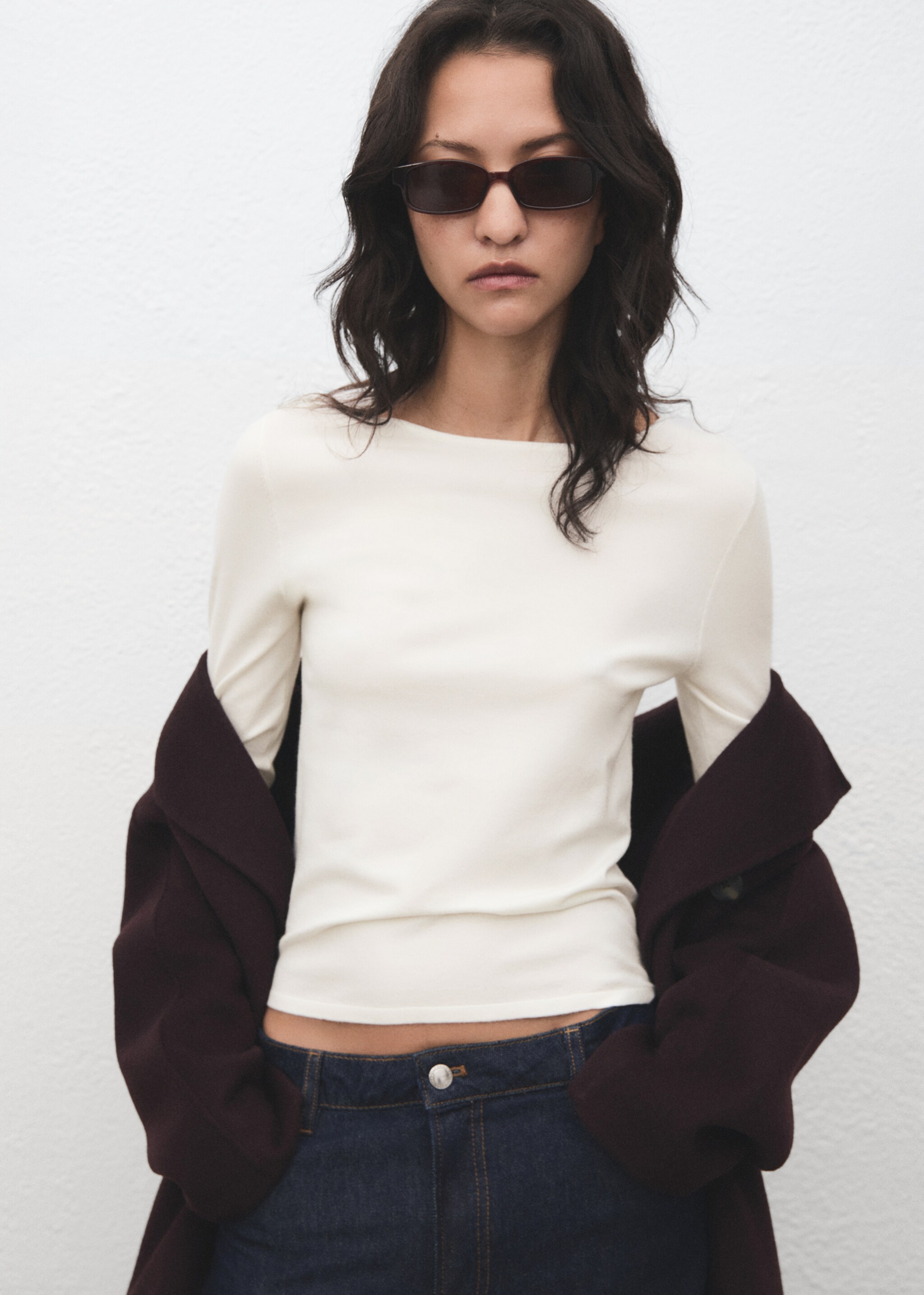 Long-sleeved fine-knit sweater - Medium plane, Ecru. Ref: 17005819-00.