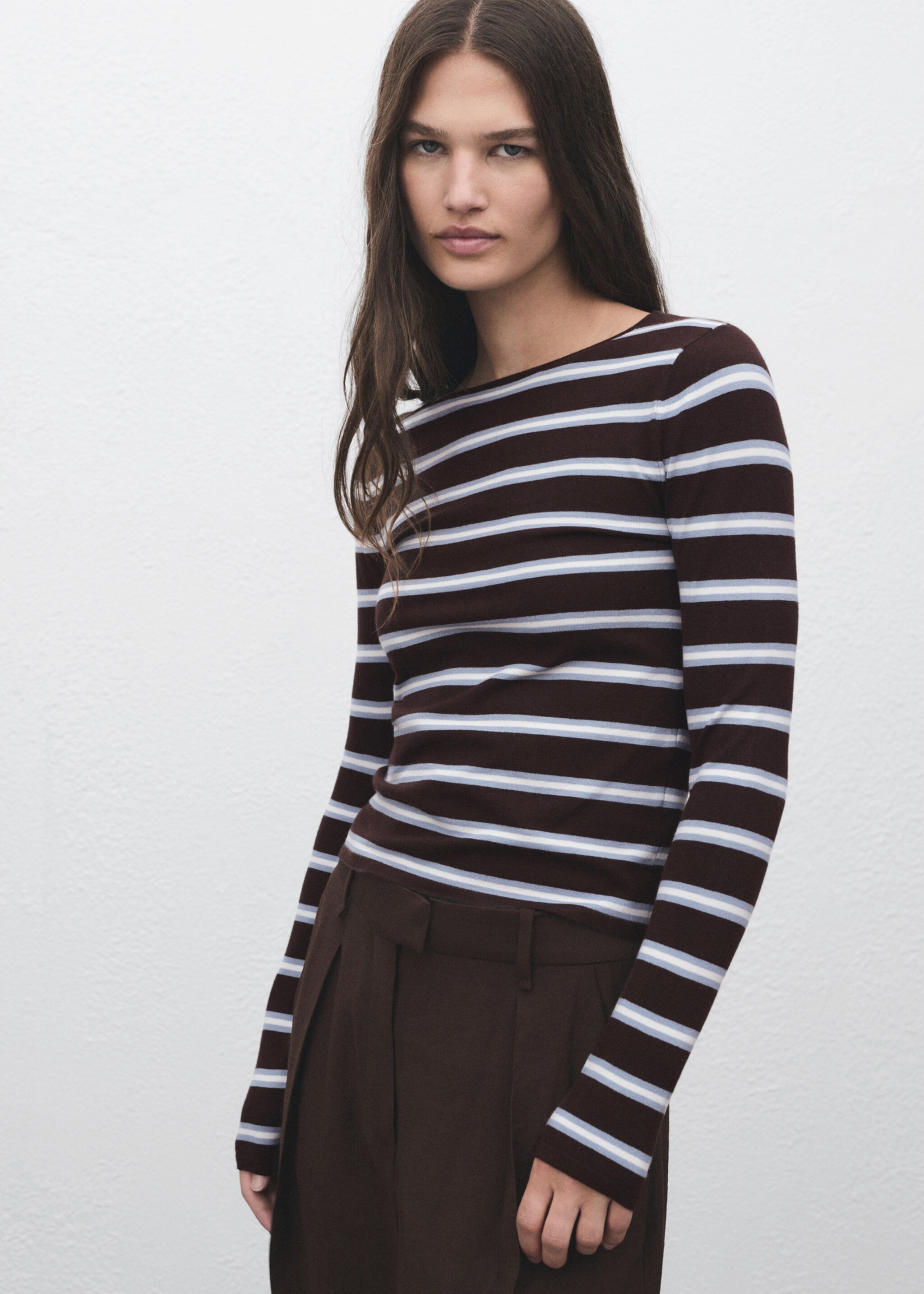 Striped fine knit sweater - Medium plane, Chocolate. Ref: 17005820-00.