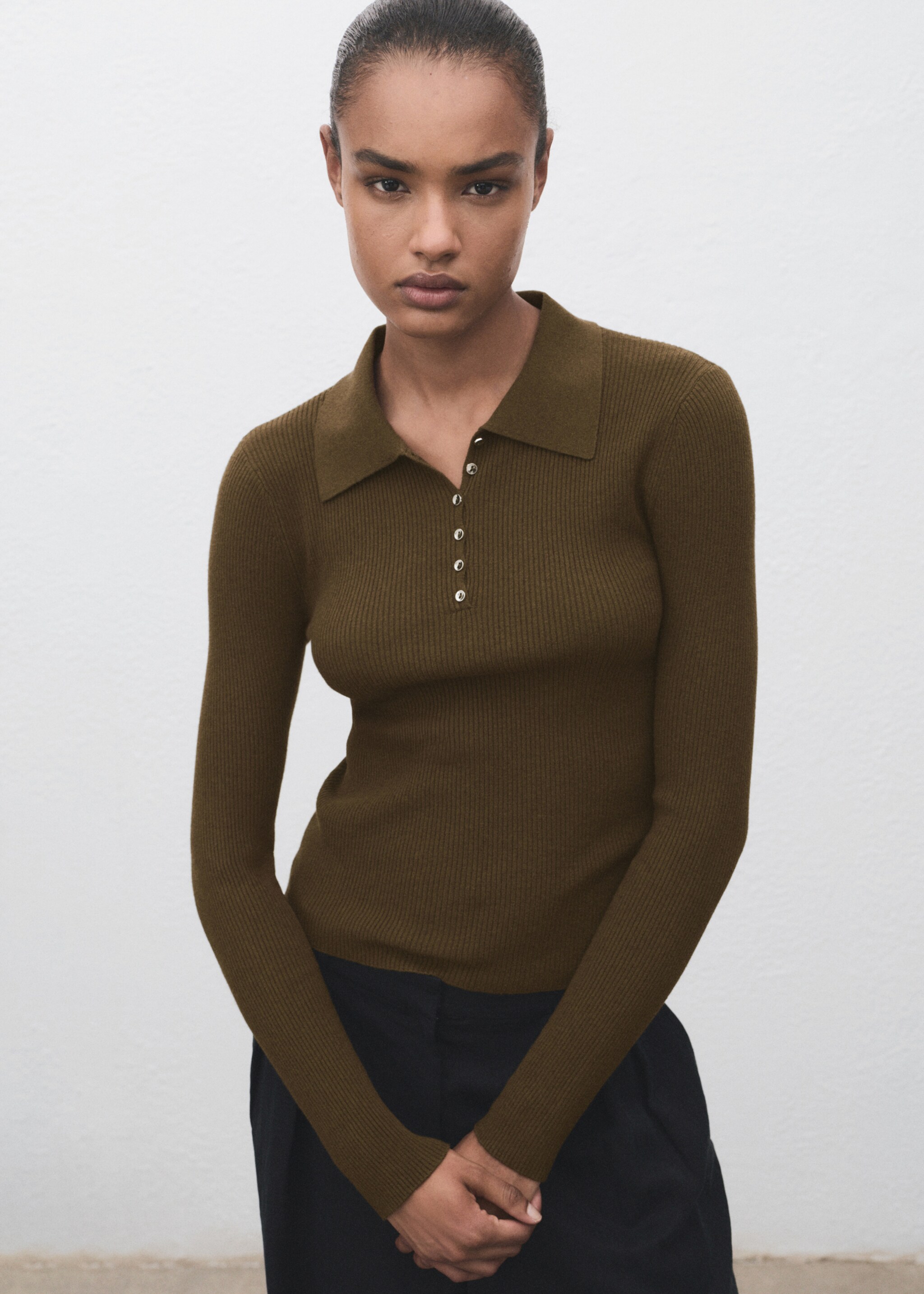 Polo-neck ribbed sweater - Medium plane, Khaki. Ref: 17005822-00.
