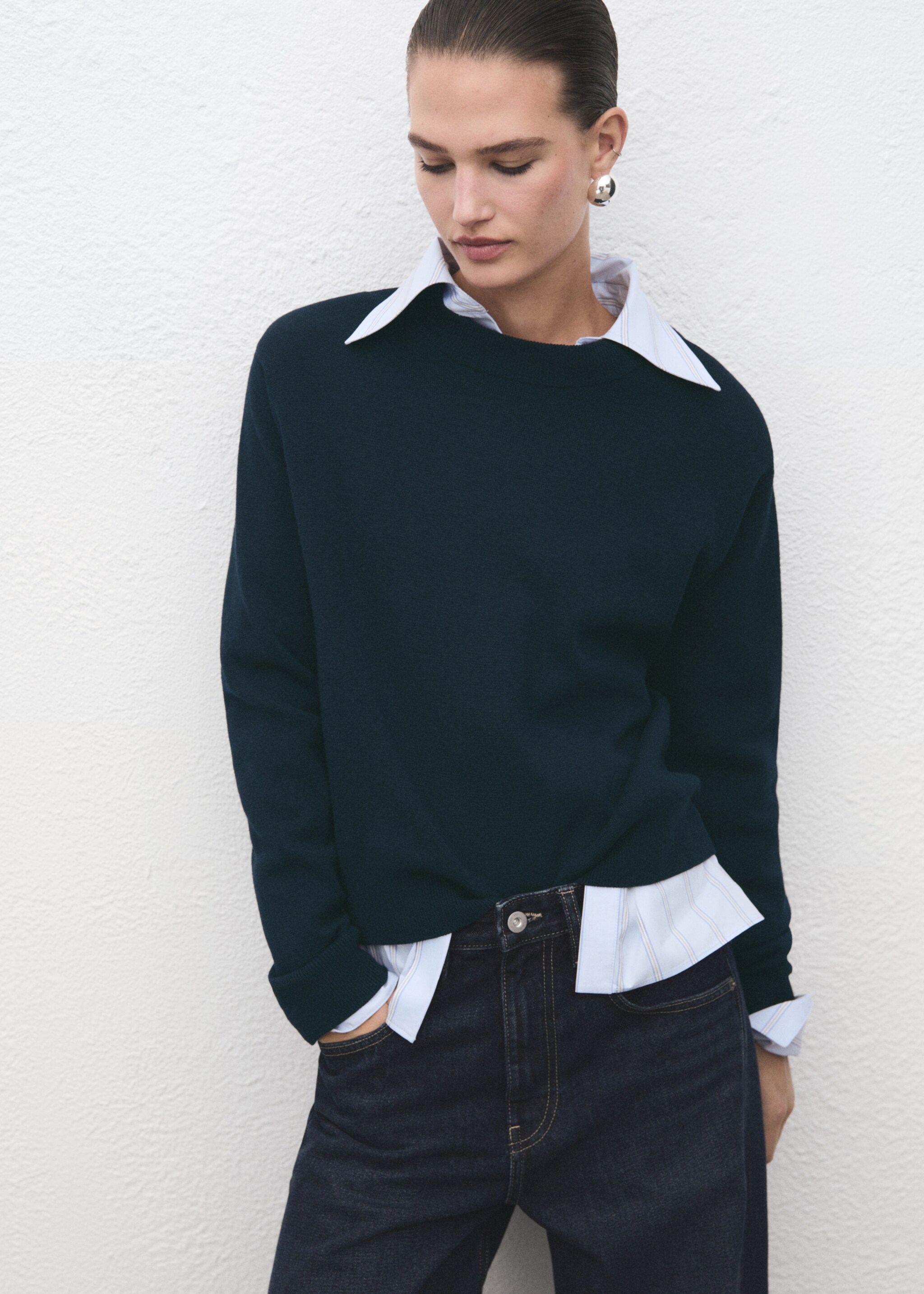 Knitted wool blend sweater - Medium plane, Navy. Ref: 17005823-00.