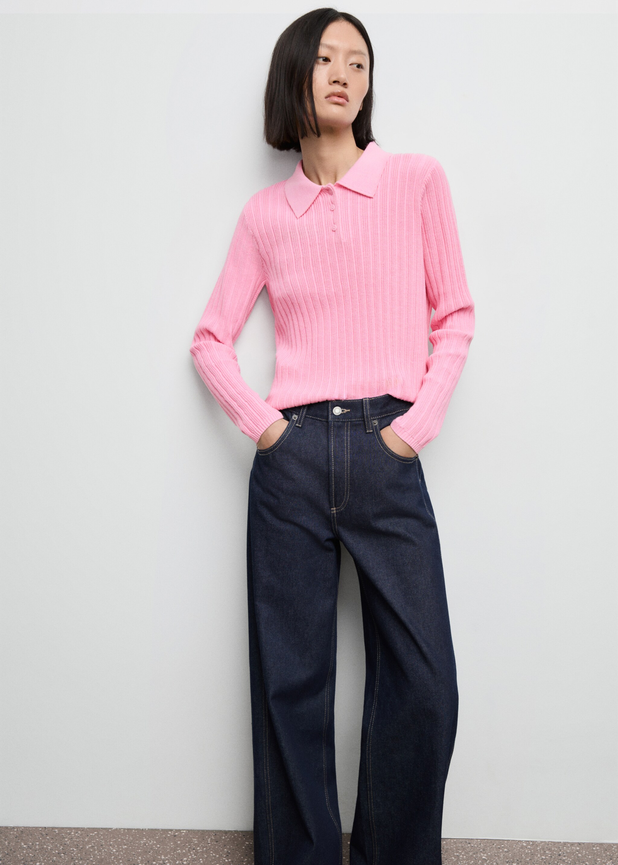 Polo-neck ribbed sweater - Medium plane, Pink. Ref: 17005834-00.