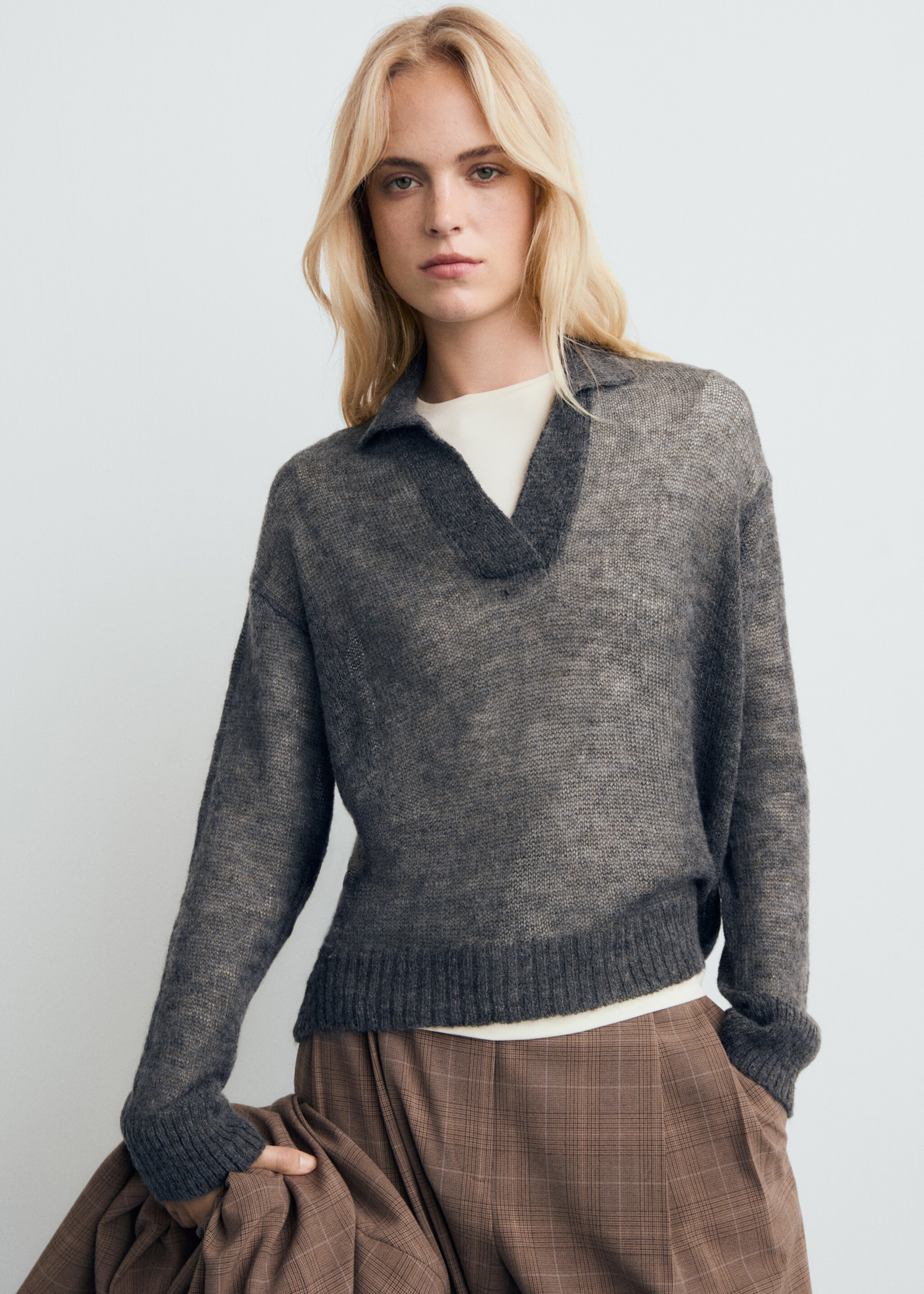 Semi-transparent polo-neck sweater - Medium plane, Grey. Ref: 17005838-00.