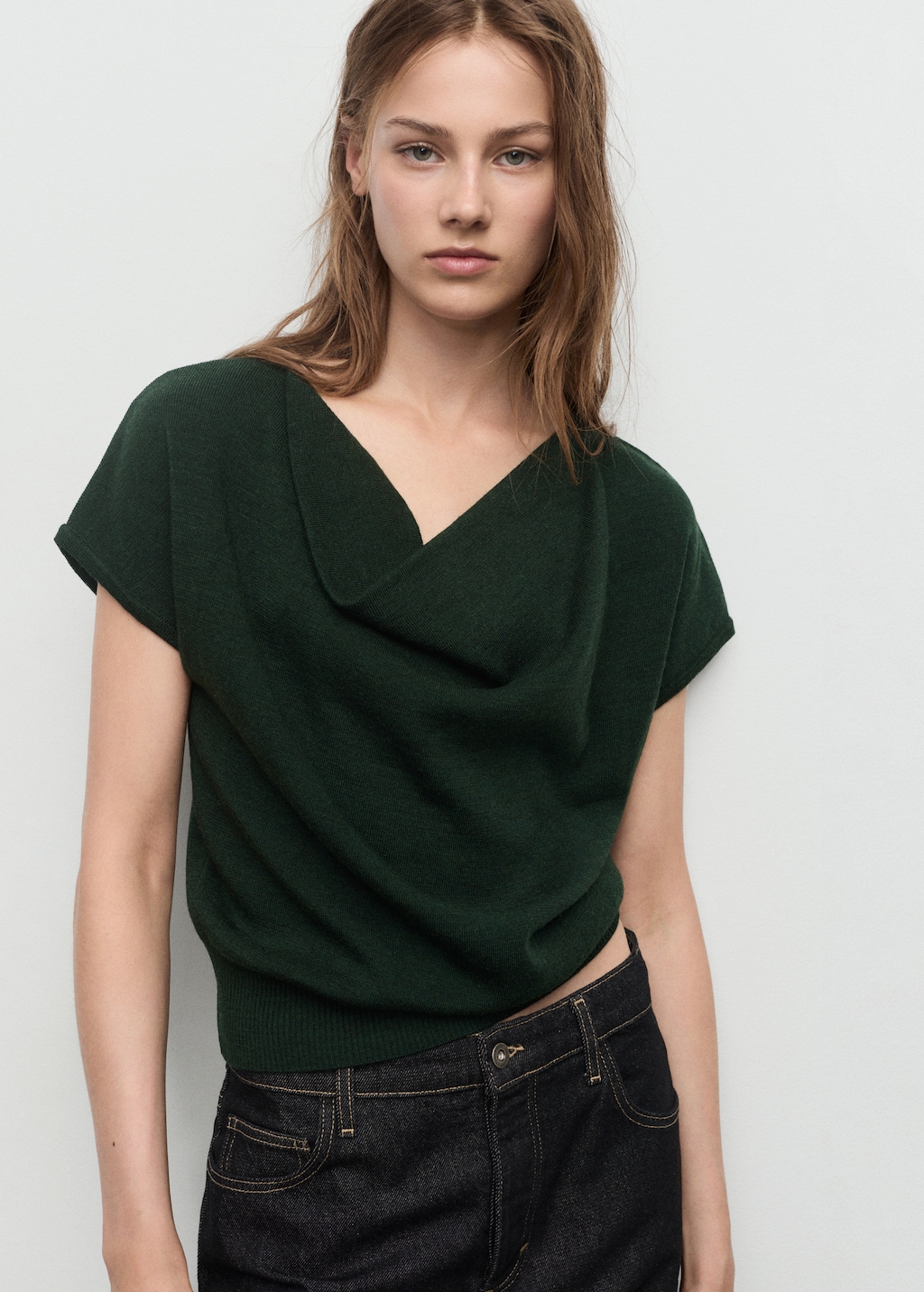 Short-sleeved top with draped neckline