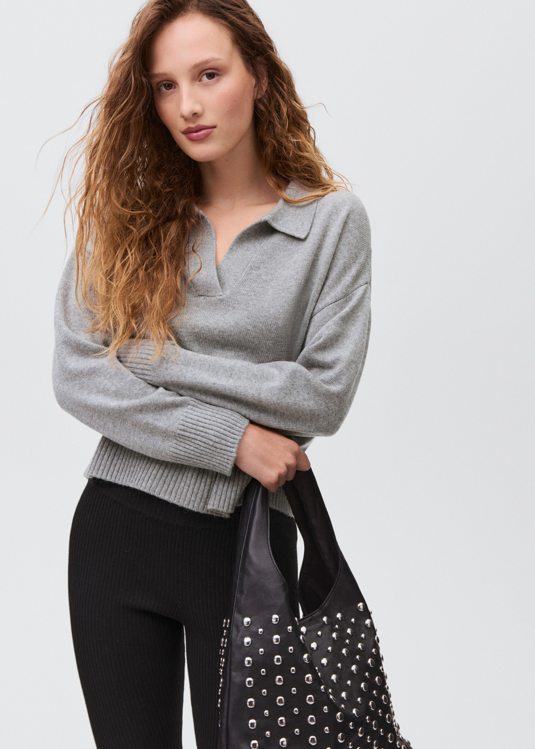 Knitted polo-neck sweater - Medium plane, Light Heather Grey. Ref: 17005856-00.