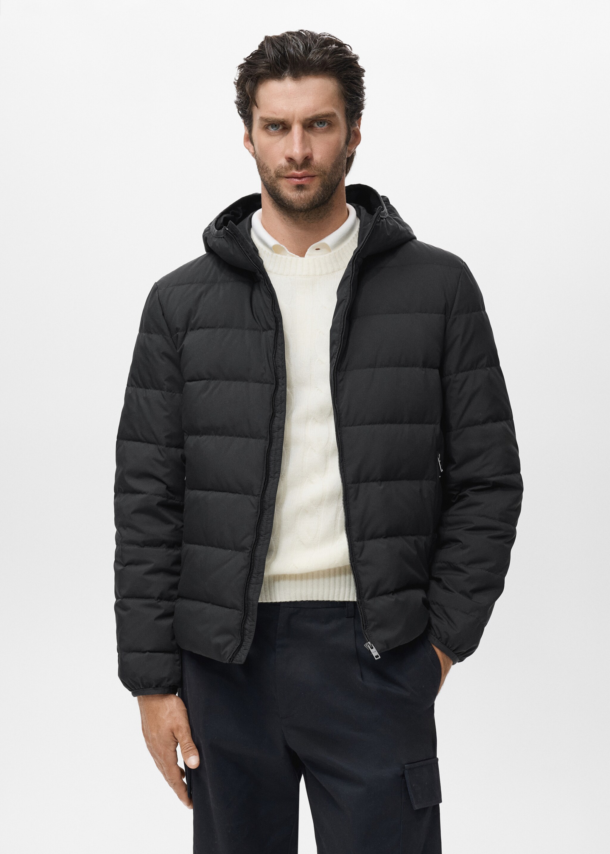Quilted jacket with down and feather filling - Medium plane, Black. Ref: 17005974-00.