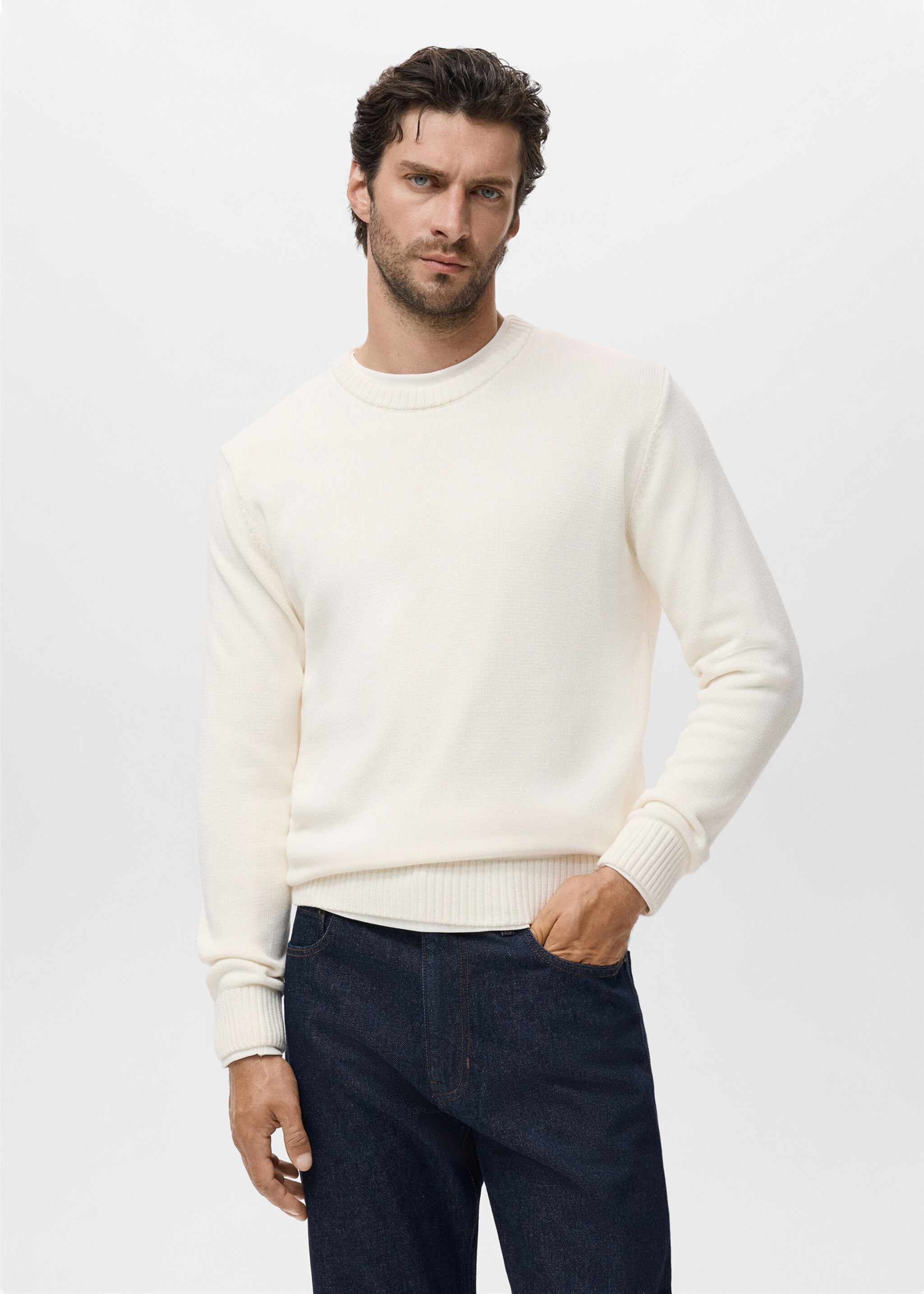Fine ribbed-knit sweater - Medium plane, Off White. Ref: 17005980-00.