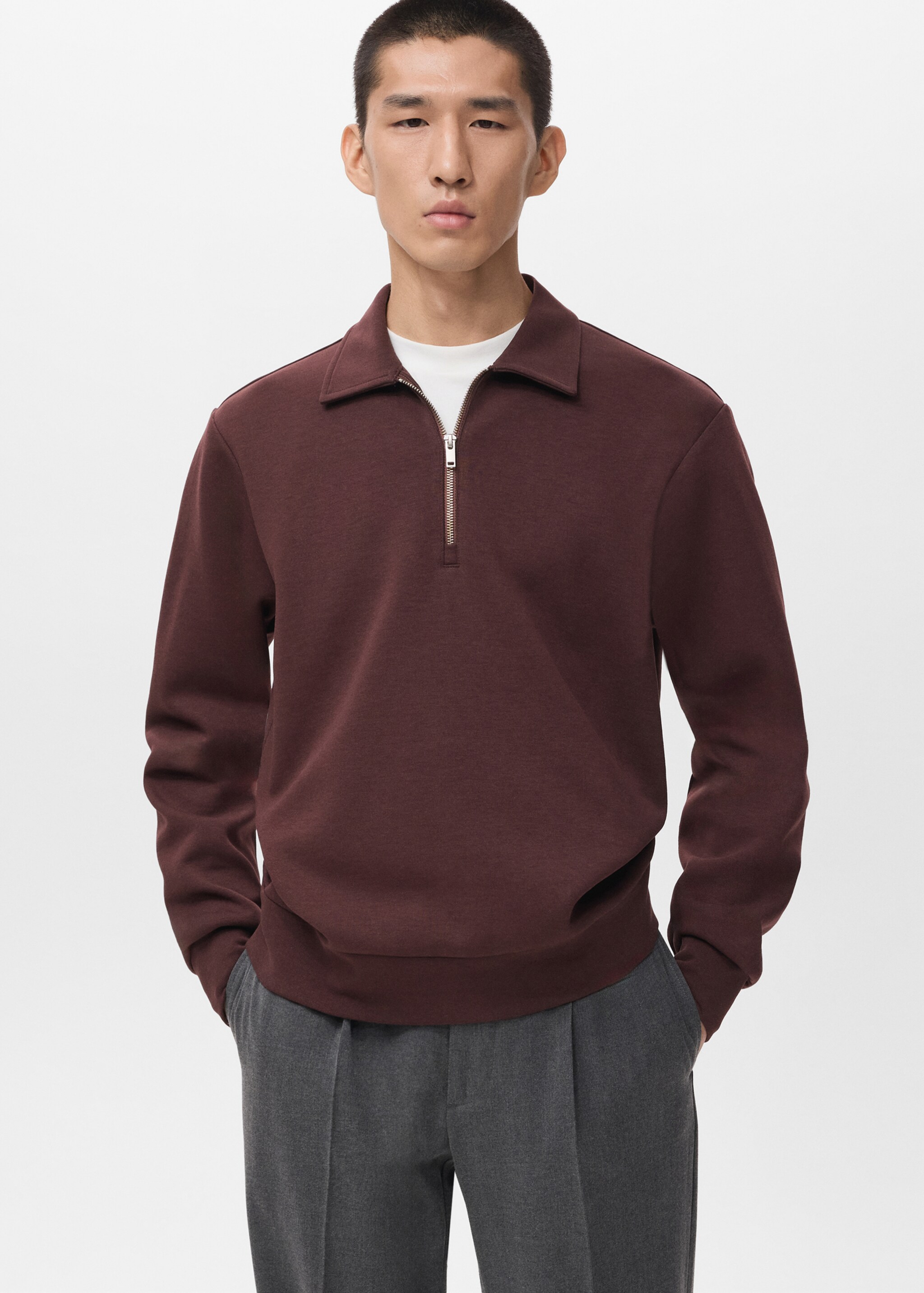 Regular-fit zip-neck sweatshirt - Medium plane, Wine. Ref: 17005982-00.