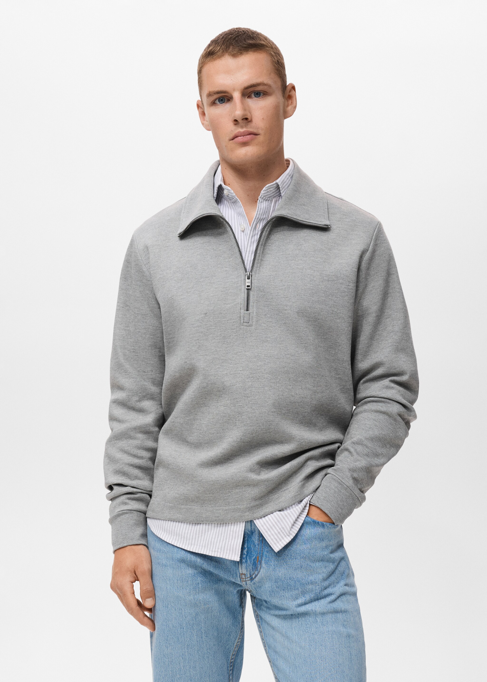 Sudadera algodón cuello cremallera - Plano medio, Gris medio vigoré. Ref: 17005985-00.