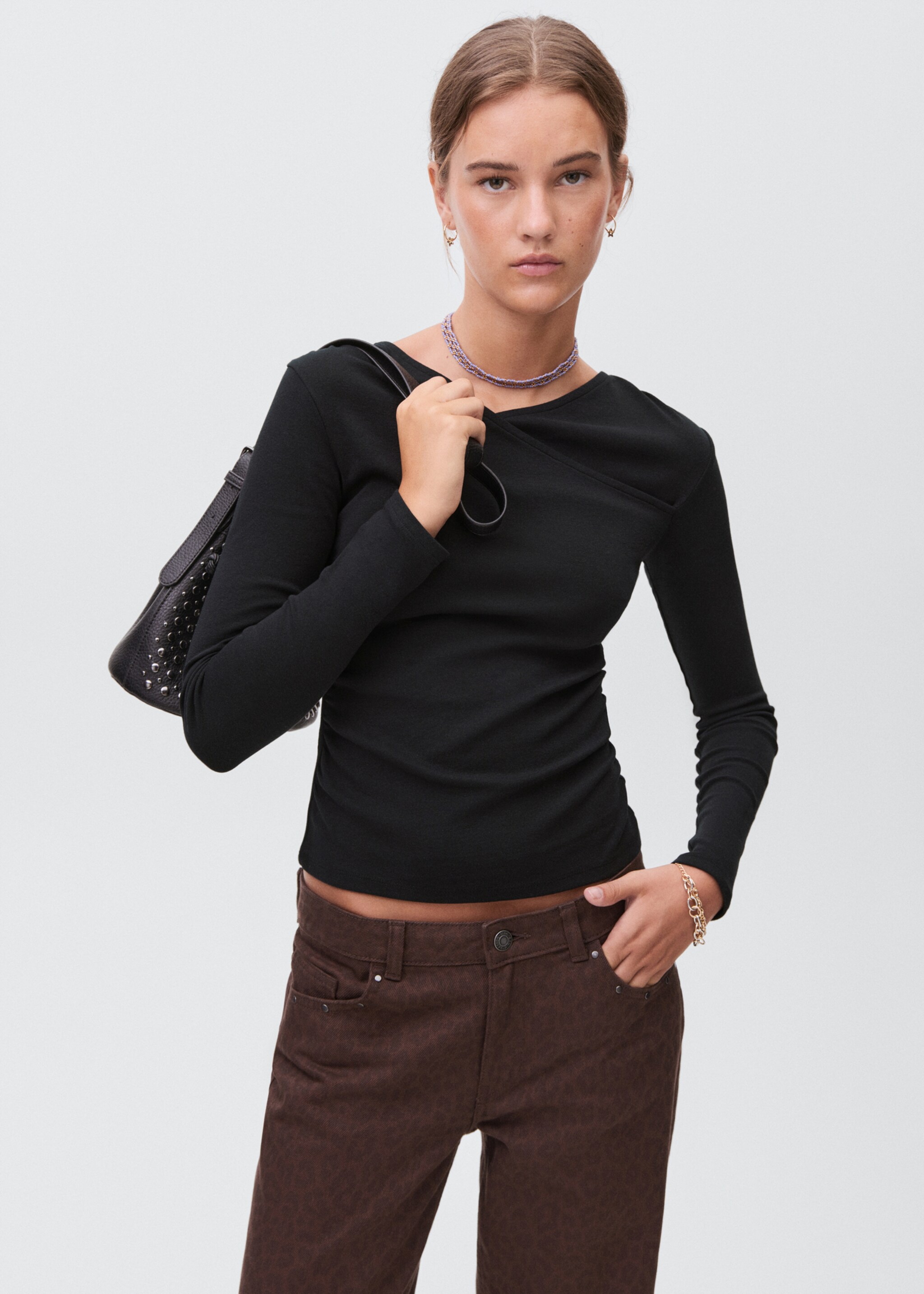 Gathered cotton t-shirt - Medium plane, Black. Ref: 17006352-00.
