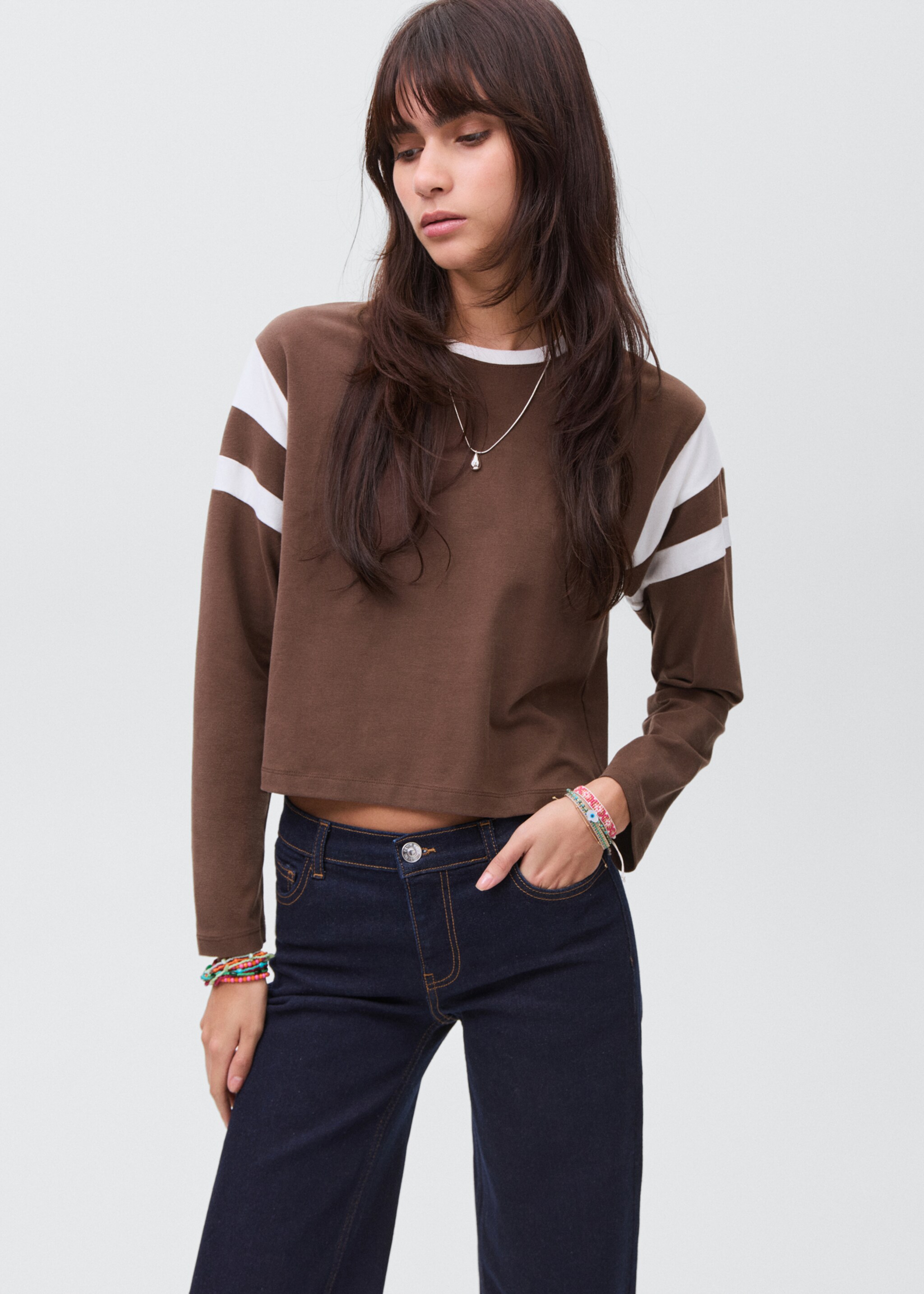 Contrasting collar cotton t-shirt - Medium plane, Brown. Ref: 17006357-00.