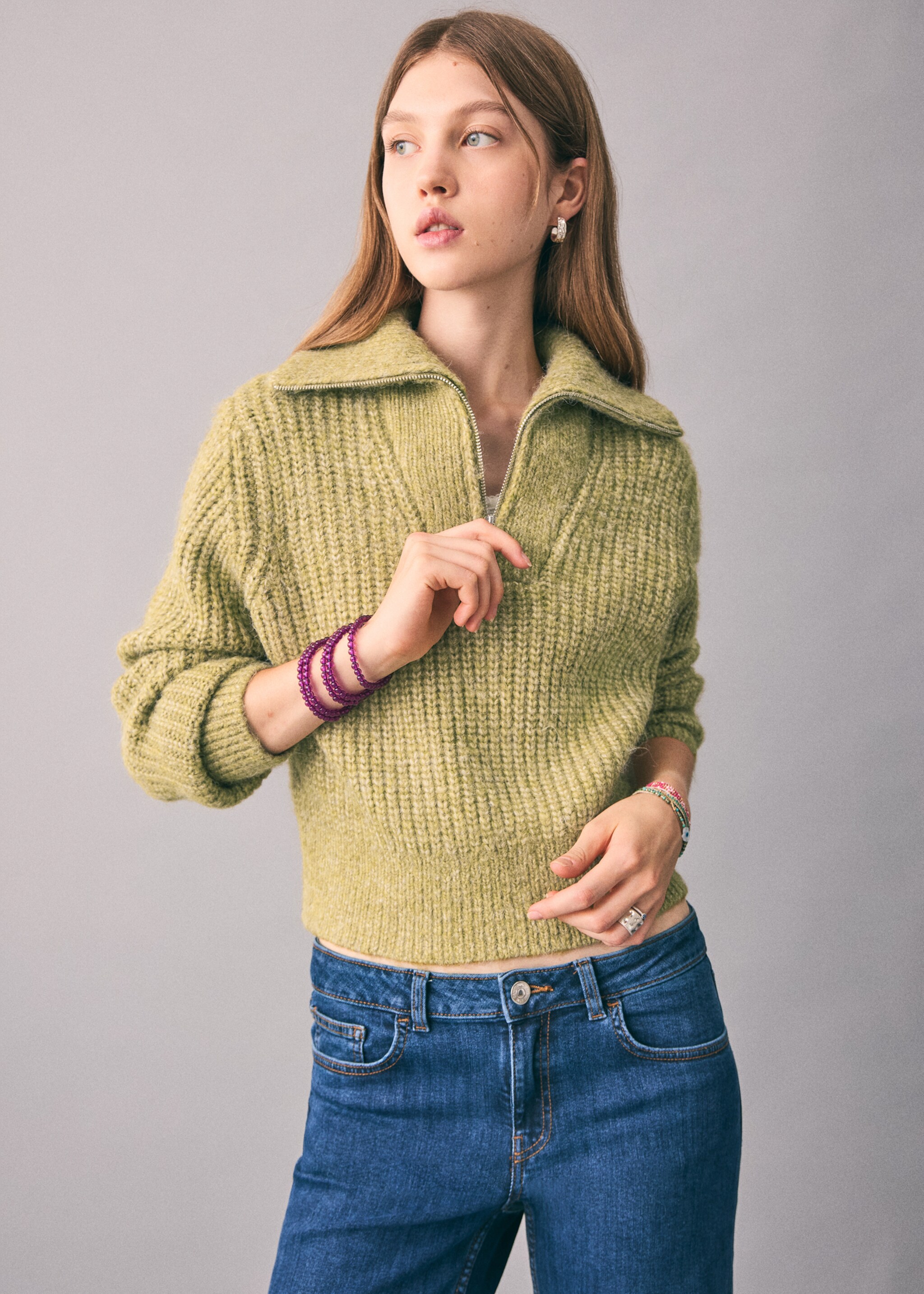 Knitted sweater with perkins neck - Medium plane, Lime. Ref: 17007130-00.