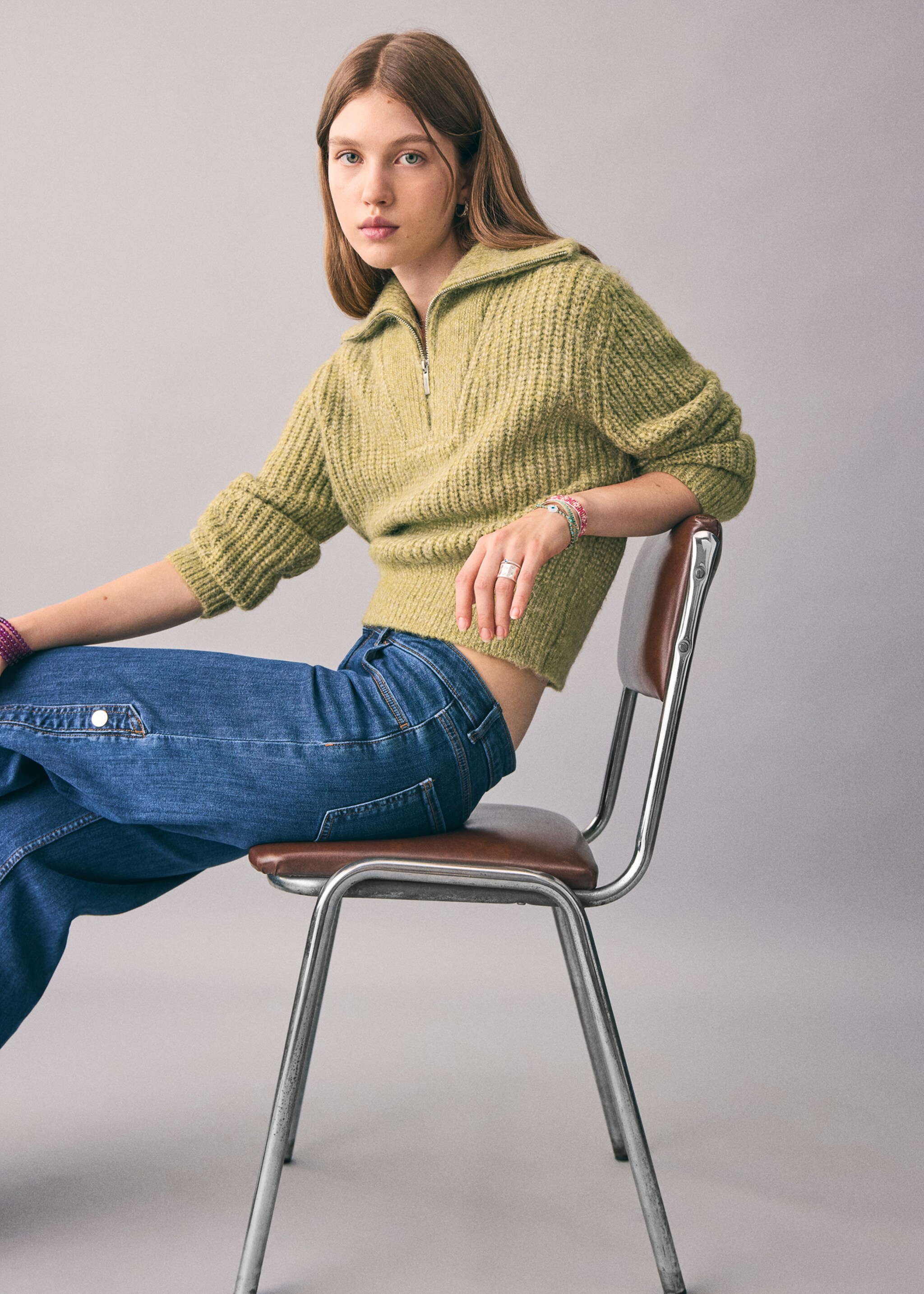 Knitted sweater with perkins neck - Details of the article 4, Lime. Ref: 17007130-00.