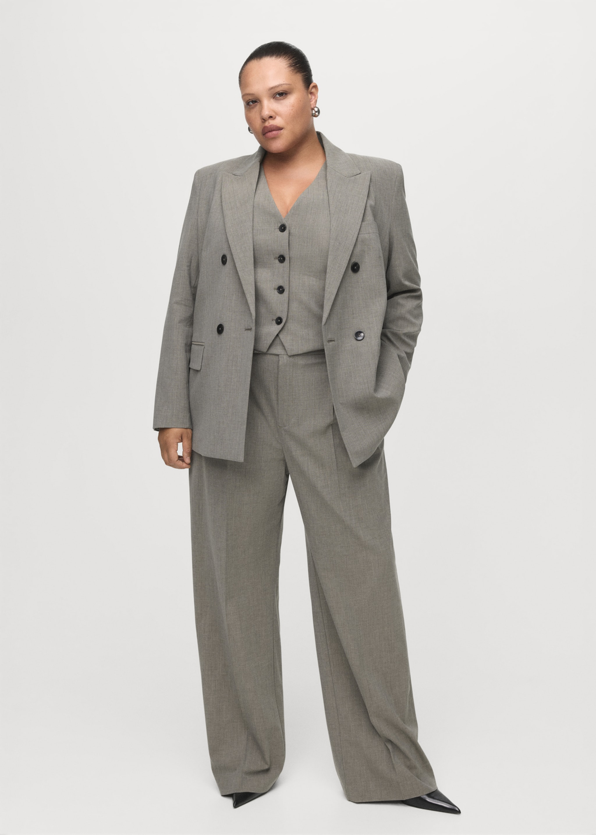 Double-breasted wool blend blazer - Details of the article 3, Grey. Ref: 17007142-00.