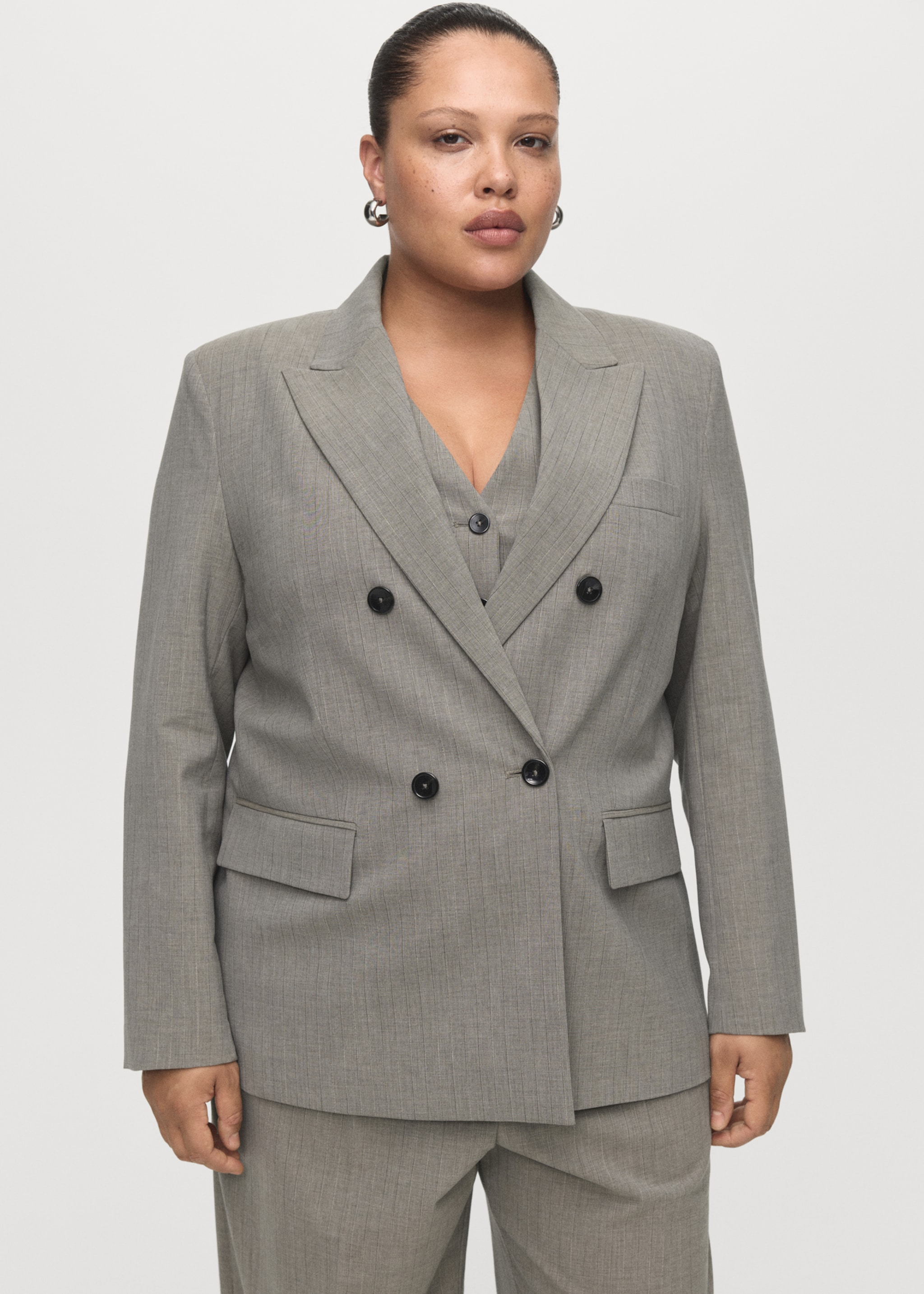 Double-breasted wool blend blazer - Details of the article 5, Grey. Ref: 17007142-00.