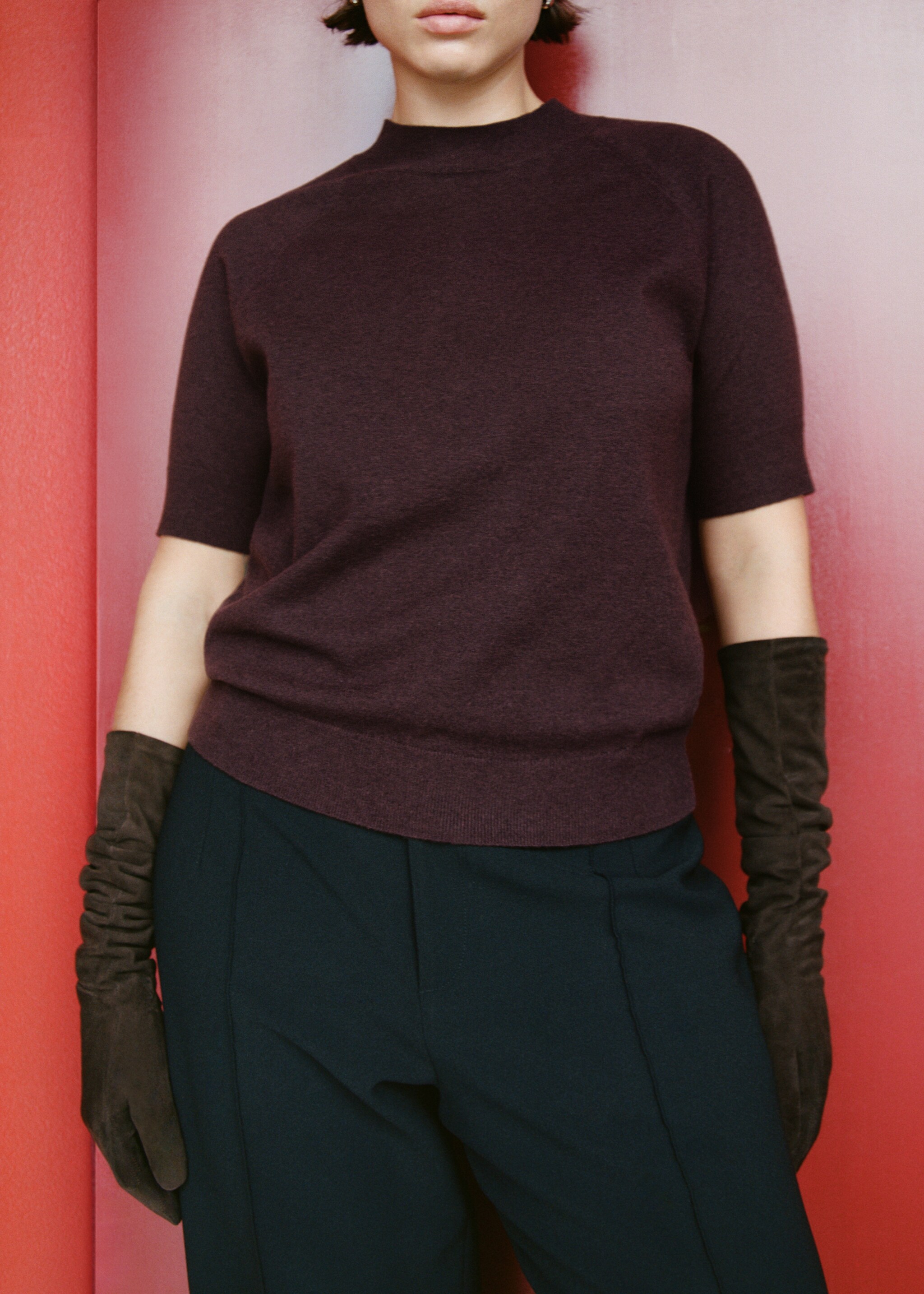 Short-sleeved wool-blend sweater - Details of the article 6, Wine. Ref: 17007784-00.