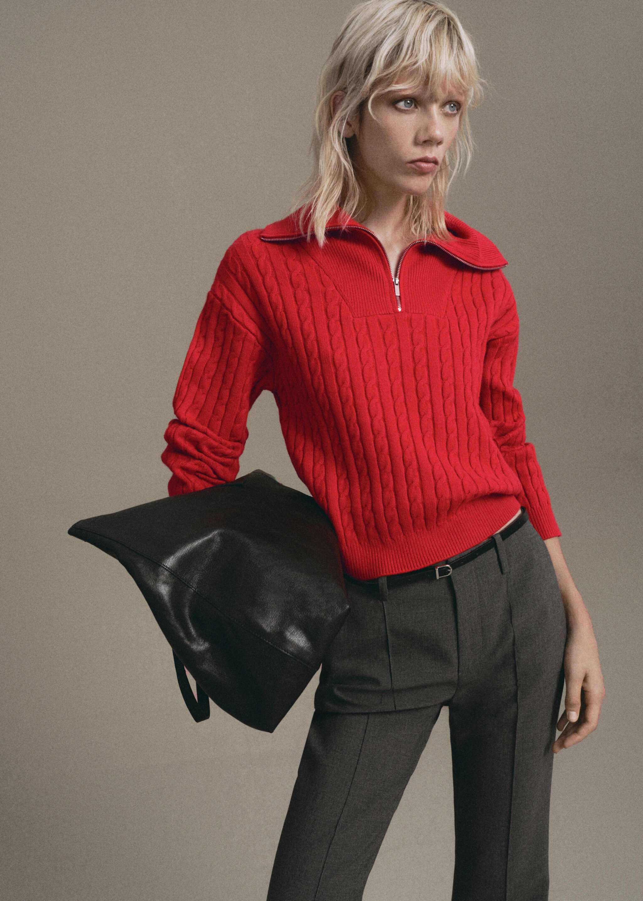 Cable knit zip neck jumper - Medium plane, Red. Ref: 17007785-00.