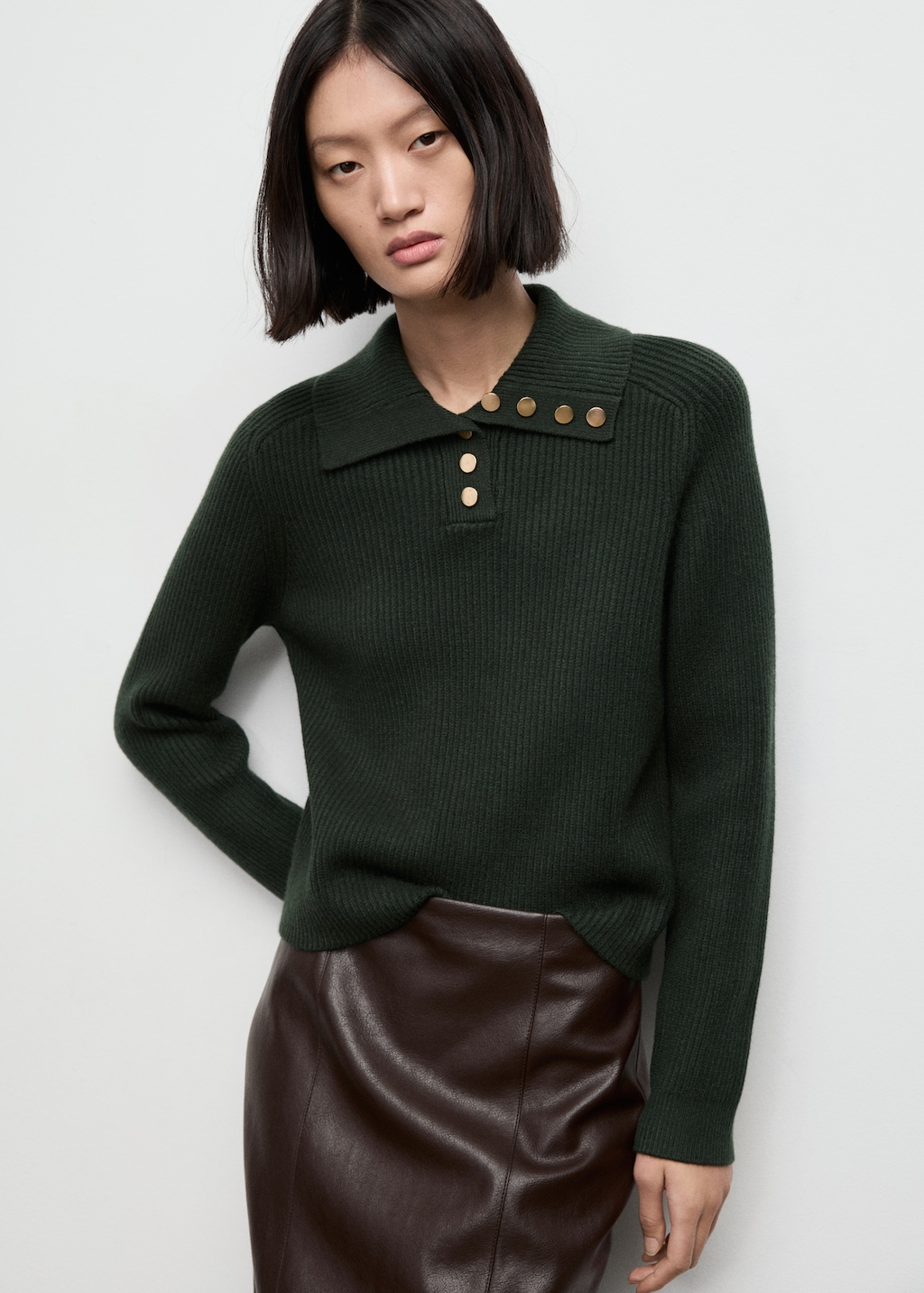 Ribbed polo-neck sweater with buttons
