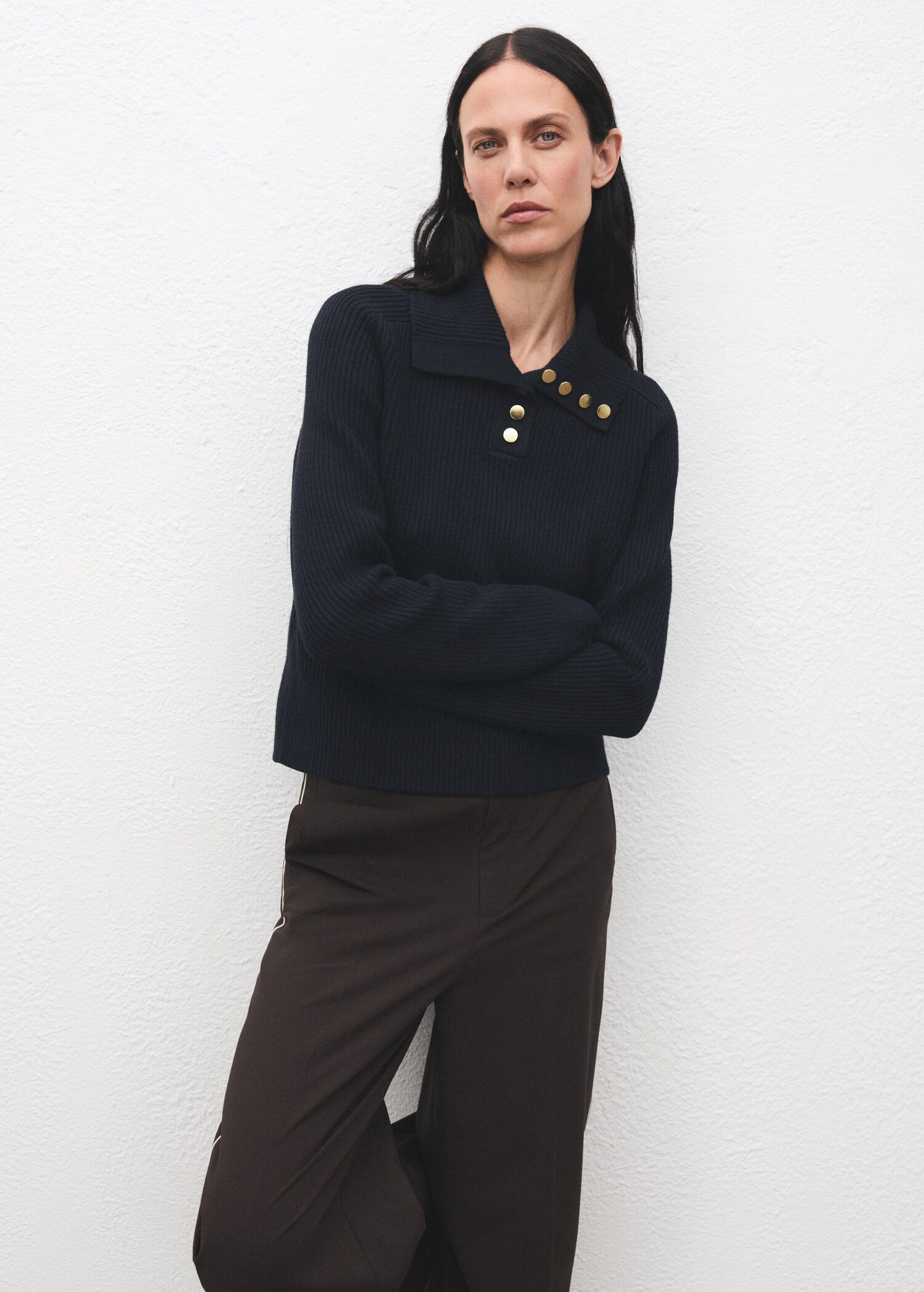 Ribbed polo neck sweater with buttons - Medium plane