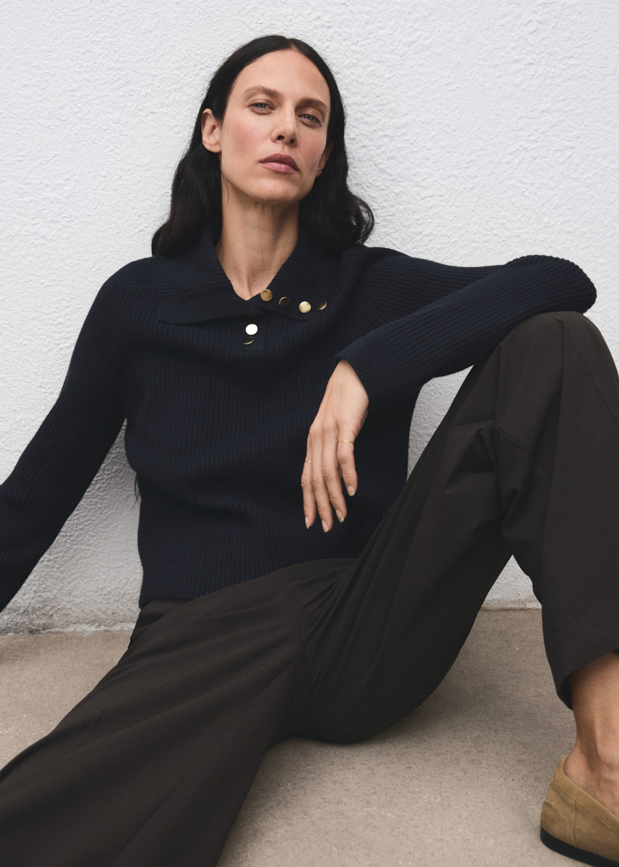 Ribbed polo-neck sweater with buttons - Details of the article 2, Dark Navy. Ref: 17007786-00.