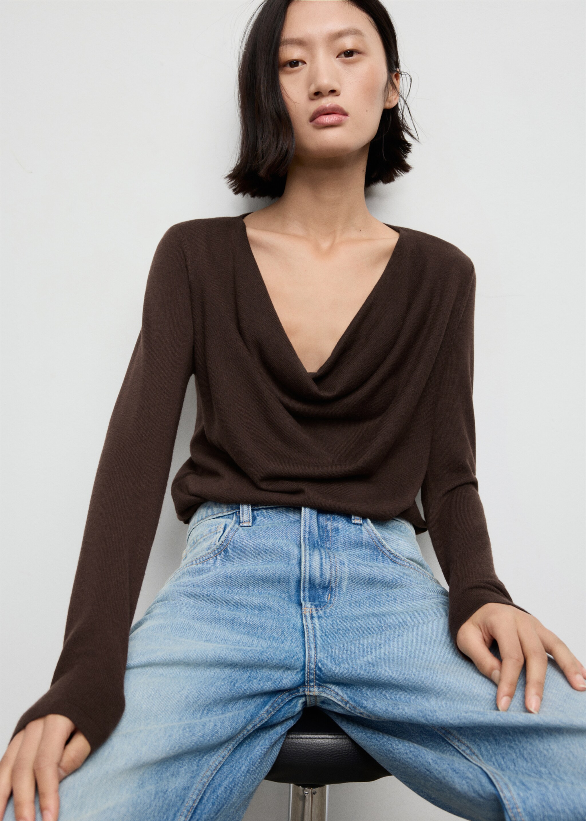 Cowl neck sweater - Medium plane, Chocolate. Ref: 17007803-00.