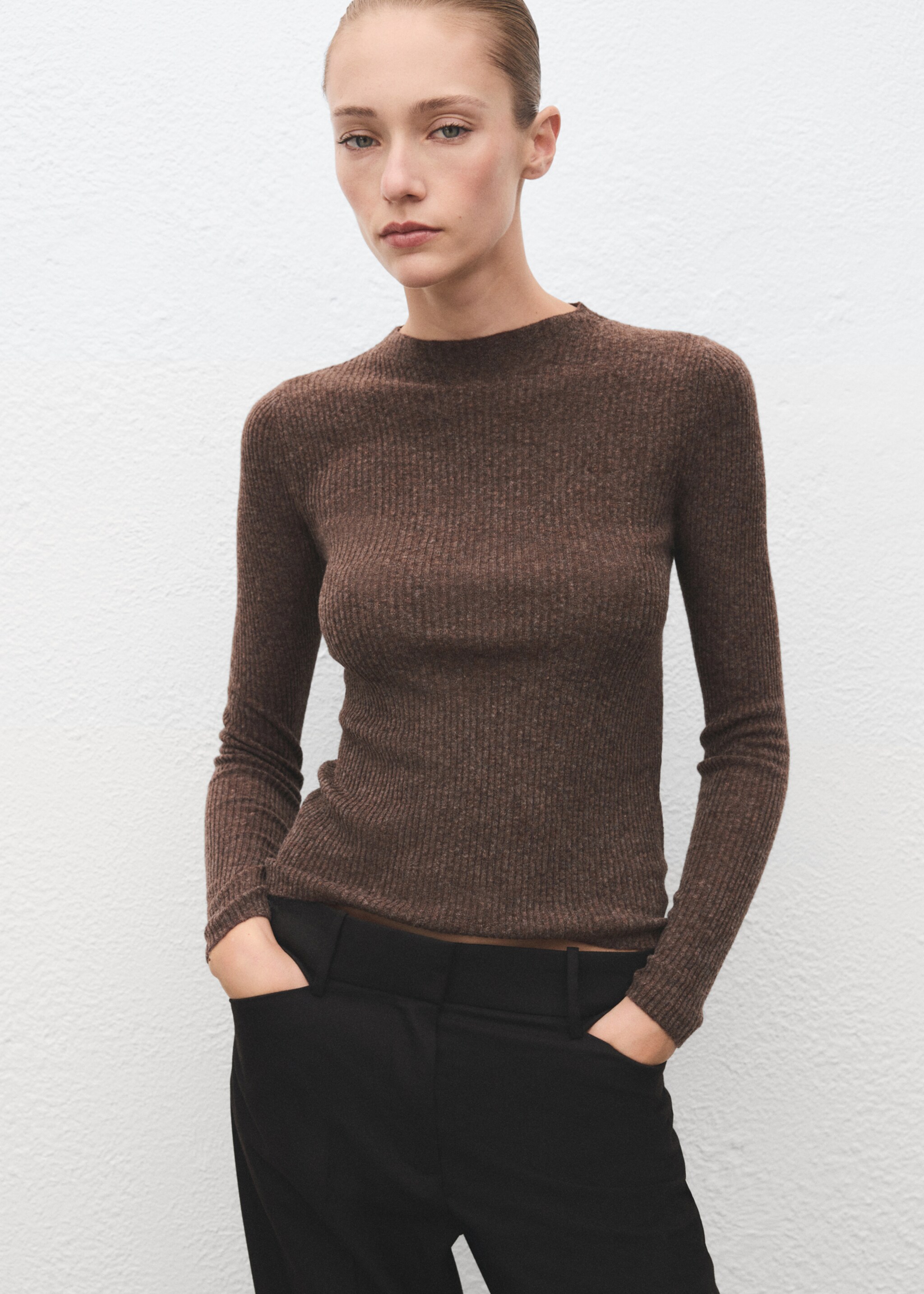 Ribbed sweater with perkins neck - Medium plane, Chocolate. Ref: 17007806-00.