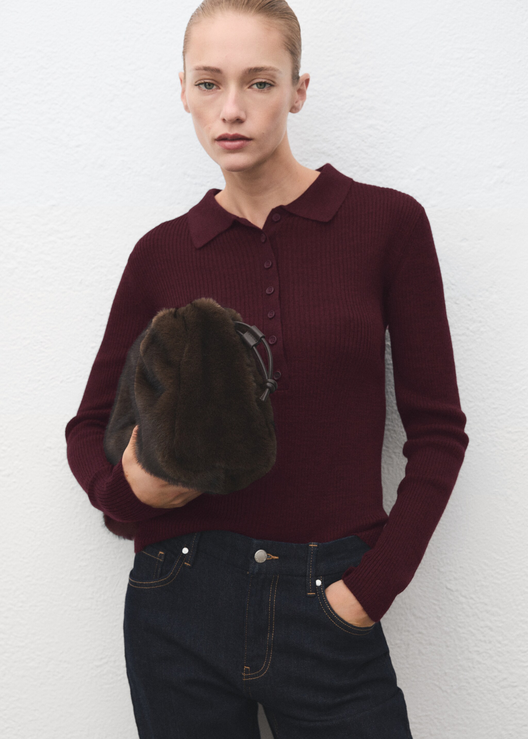 Polo-neck ribbed sweater - Medium plane, Wine. Ref: 17007848-00.