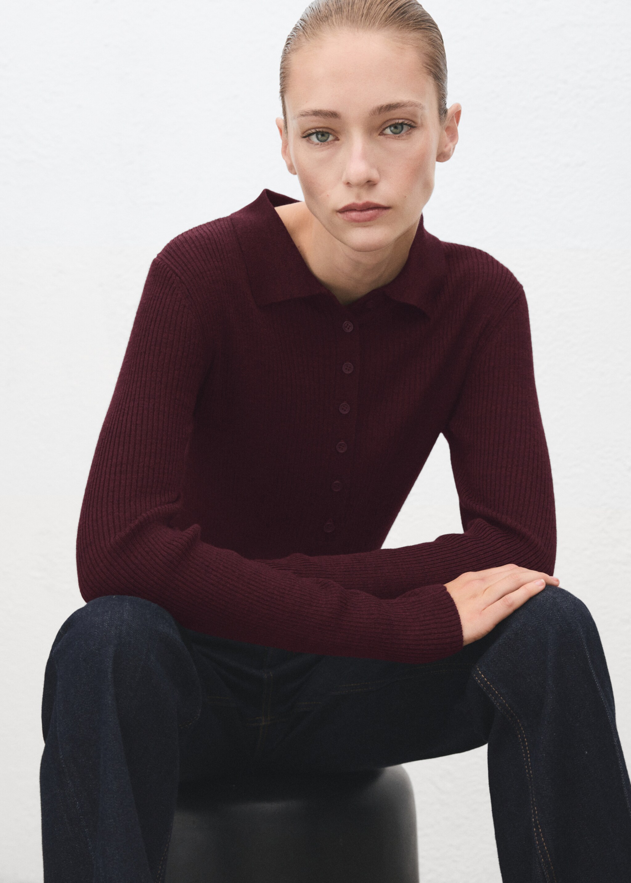 Polo-neck ribbed sweater - Details of the article 1, Wine. Ref: 17007848-00.