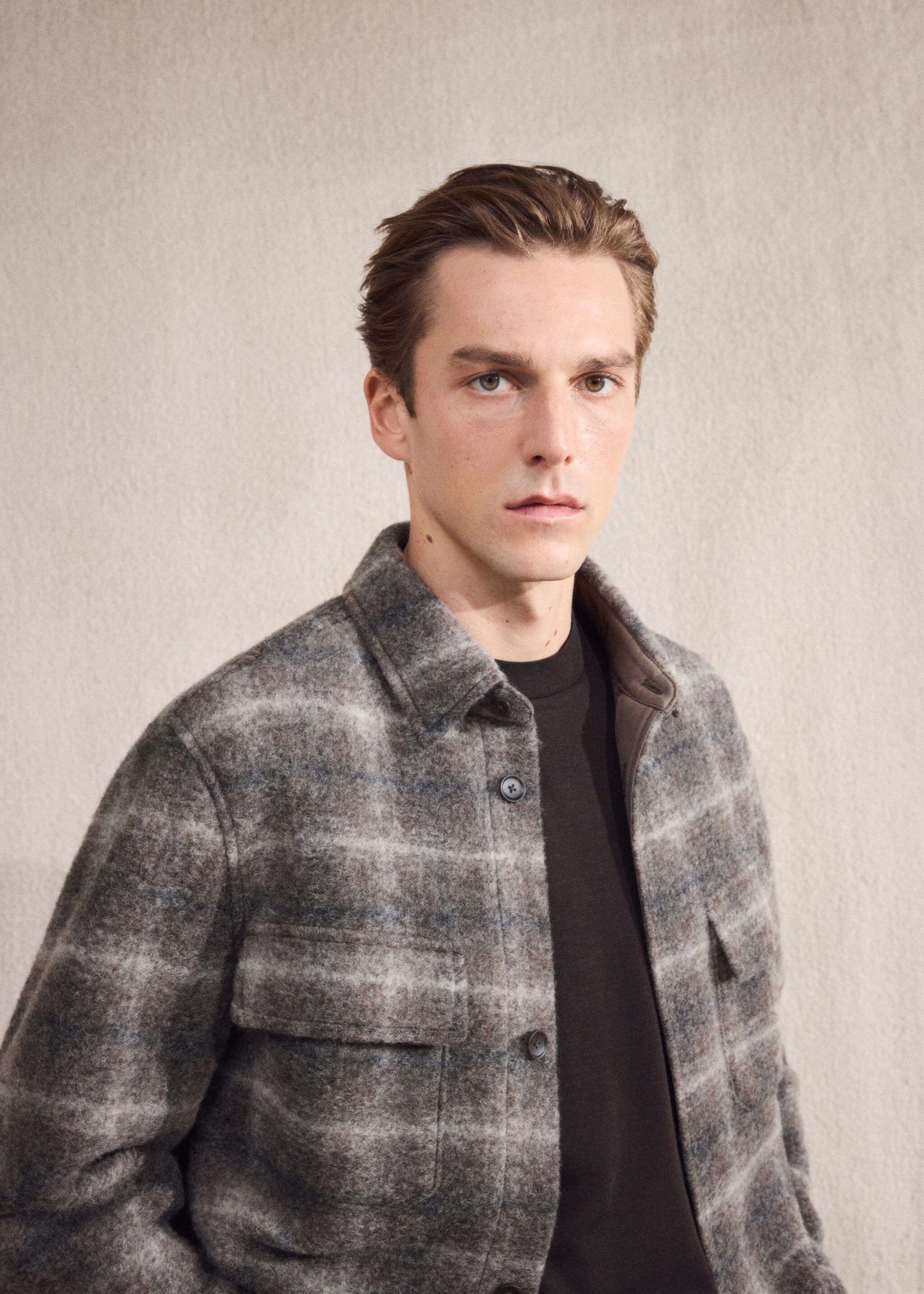 Check wool-blend overshirt - Details of the article 3, Brown. Ref: 17007893-00.