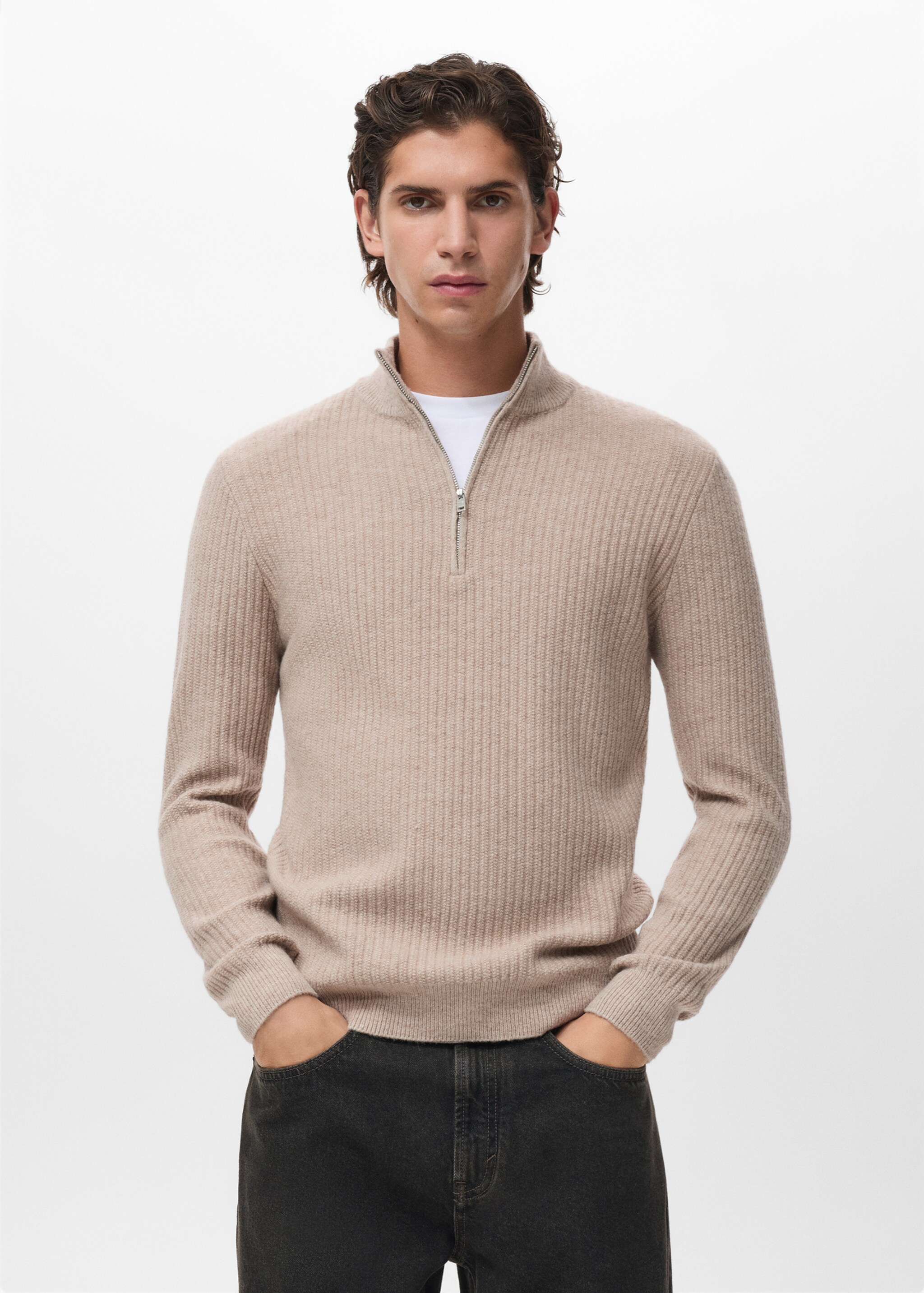 Ribbed sweater with zip neck - Medium plane, Sand. Ref: 17007899-00.