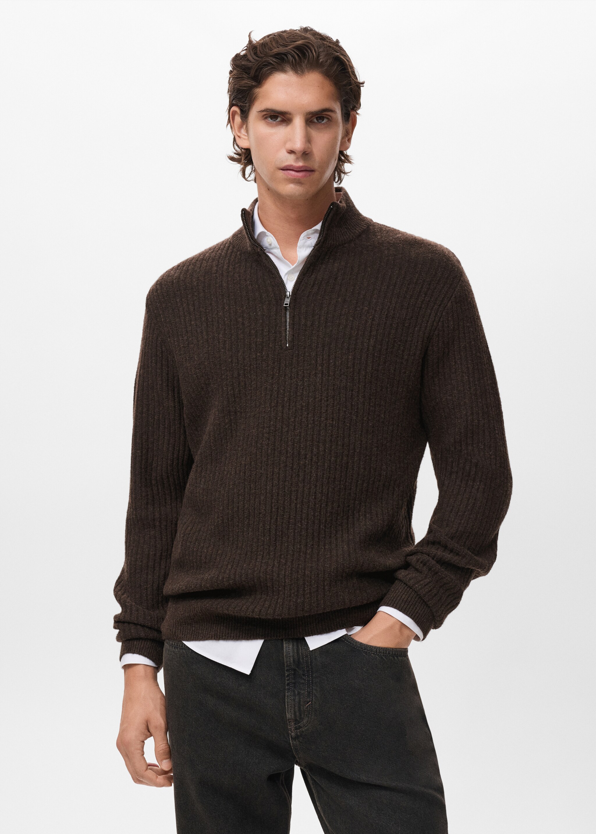 Ribbed sweater with zip neck - Medium plane, Brown. Ref: 17007899-00.