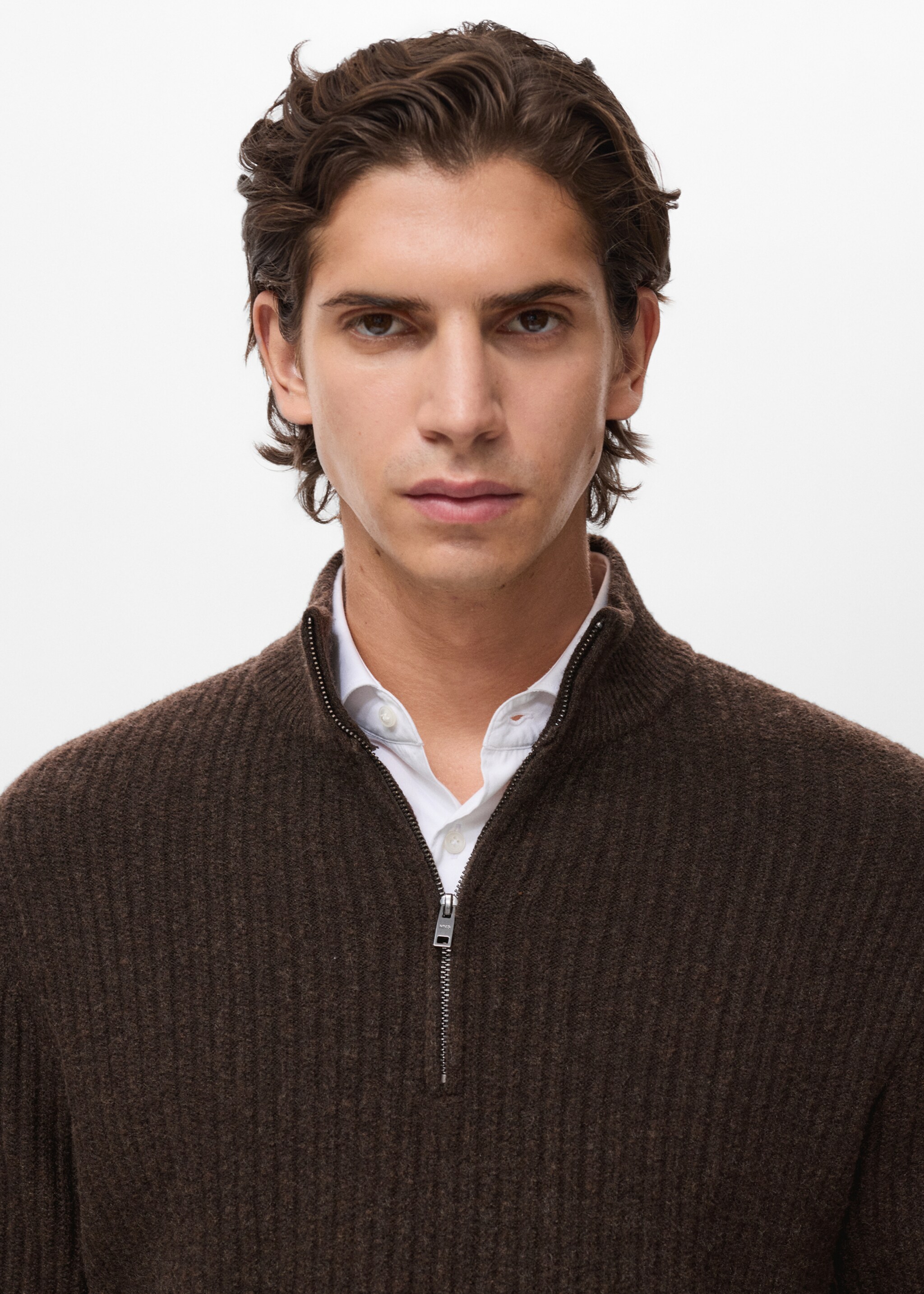 Ribbed sweater with zip neck - Details of the article 1, Brown. Ref: 17007899-00.