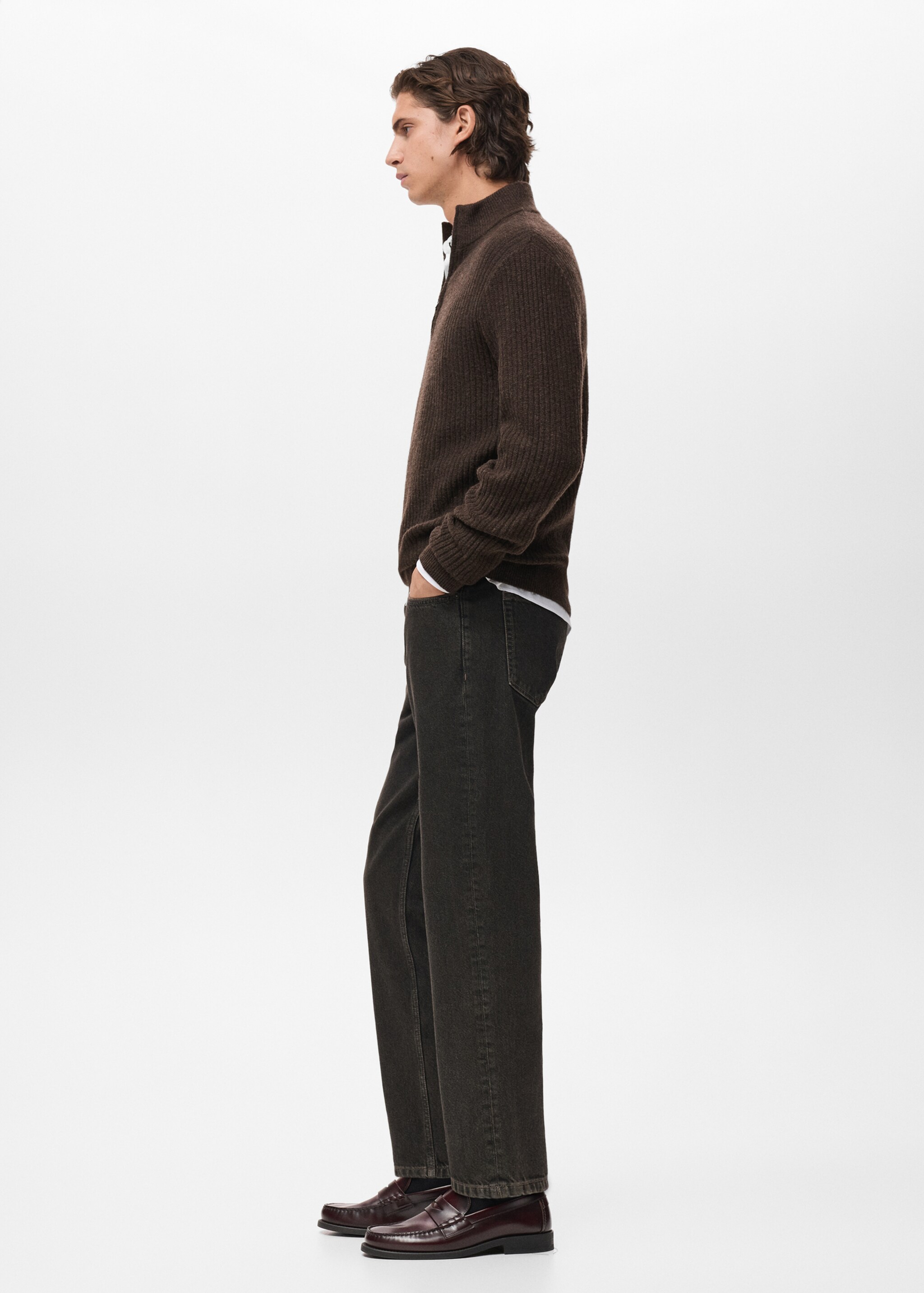 Ribbed sweater with zip neck - Details of the article 2, Brown. Ref: 17007899-00.