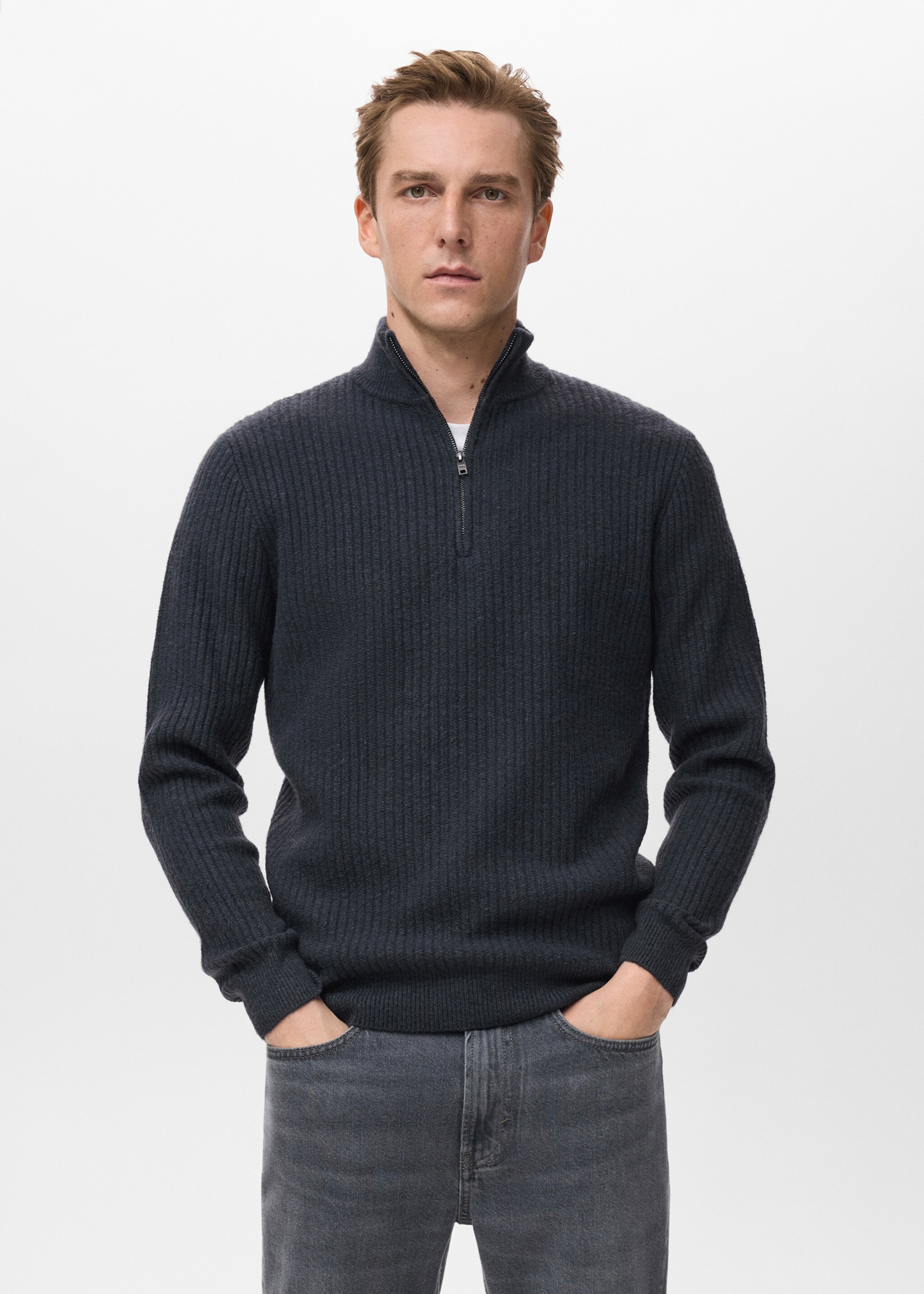 Ribbed sweater with zip neck - Medium plane, Indigo Blue. Ref: 17007899-00.