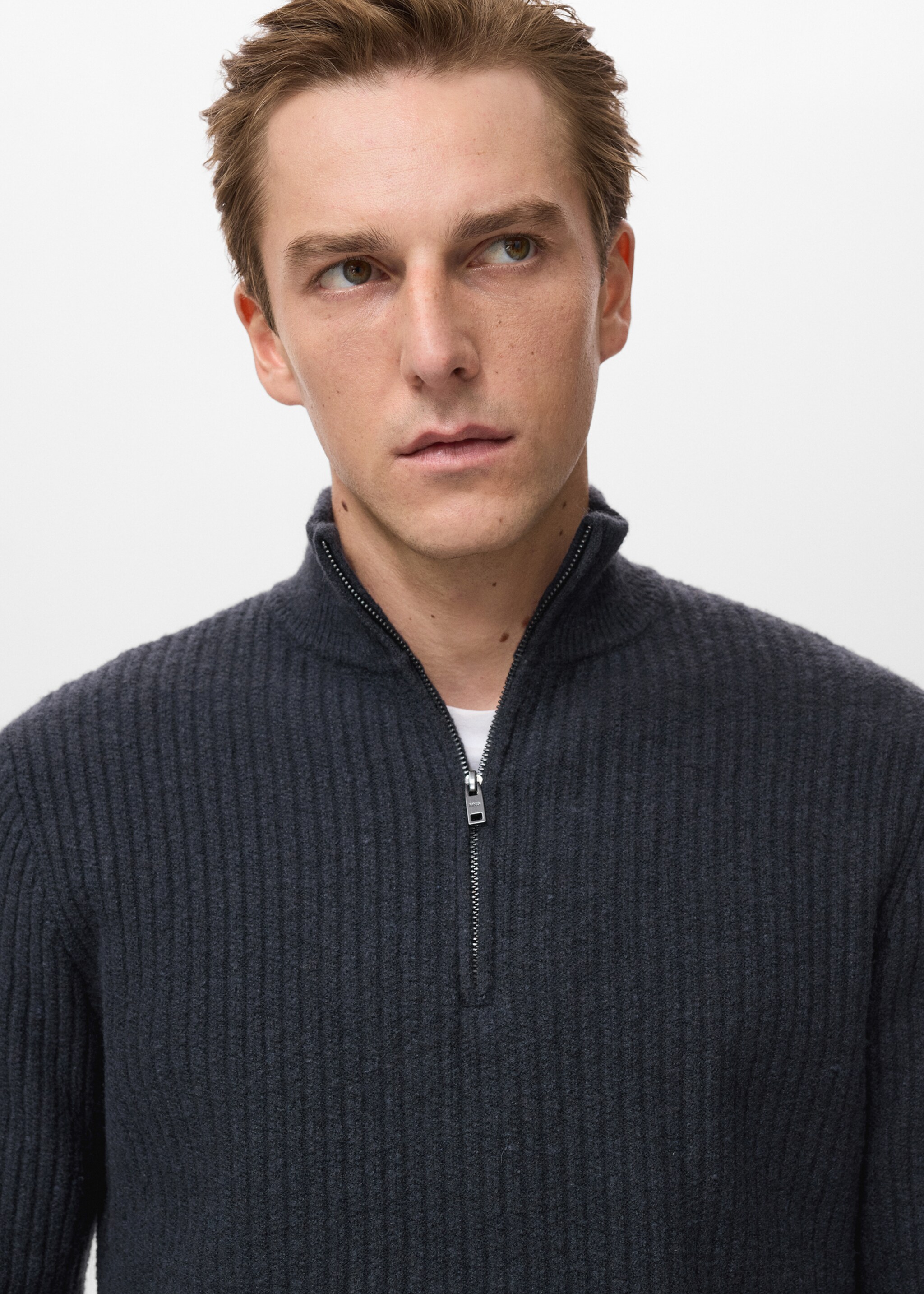 Ribbed sweater with zip neck - Details of the article 1, Indigo Blue. Ref: 17007899-00.