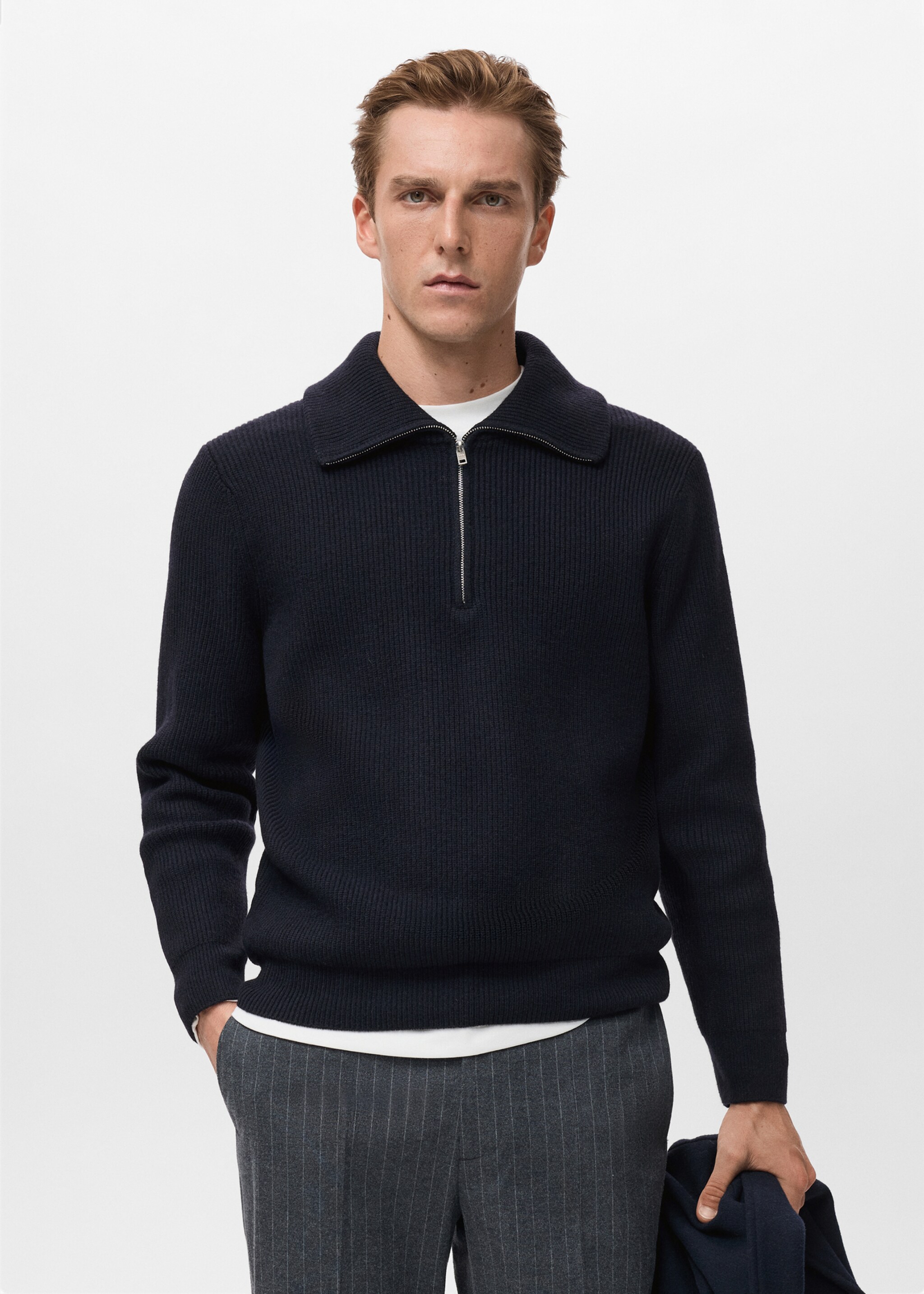 Pull-over maille col zippé - Plan moyen, Bleu marine. Ref: 17007901-00.